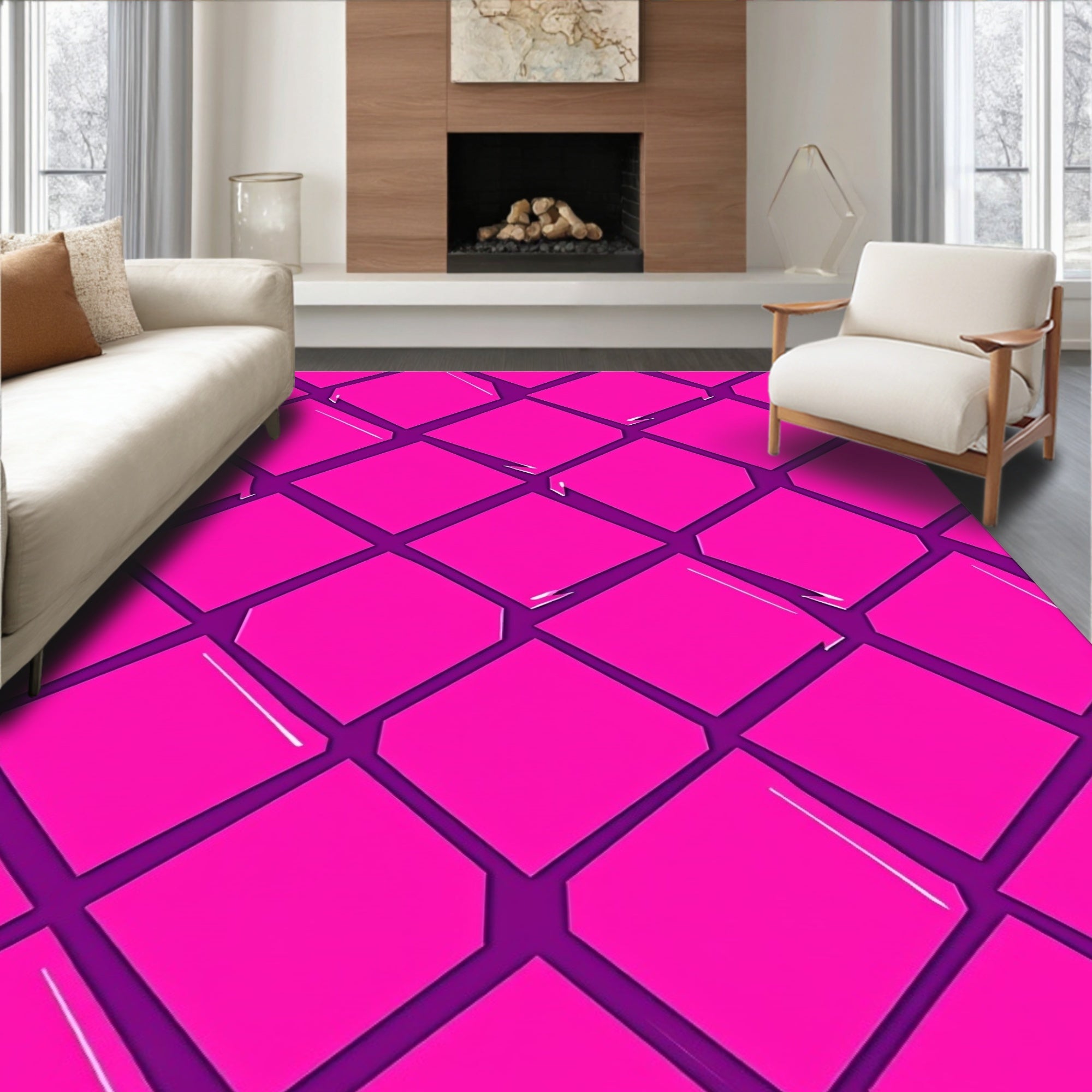 Bright Pink Diamond Geometric Pattern Rug