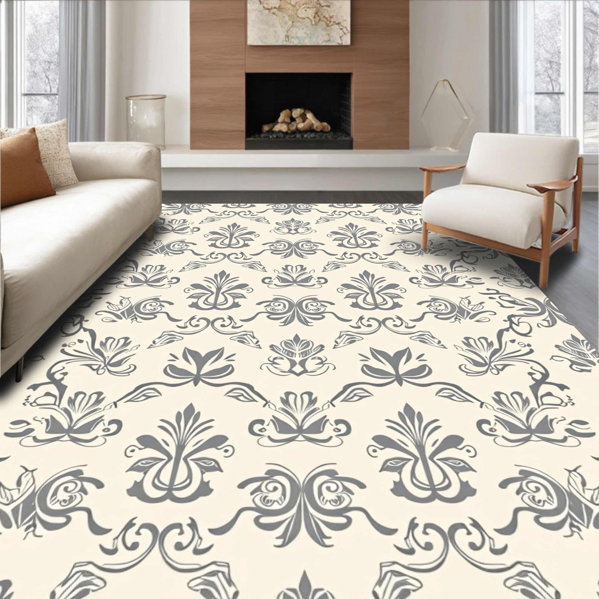 Elegant Gray Flourish Damask Pattern Rug