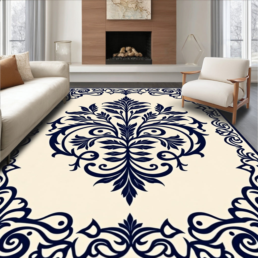 Navy Floral Scroll Classic Designed Rug