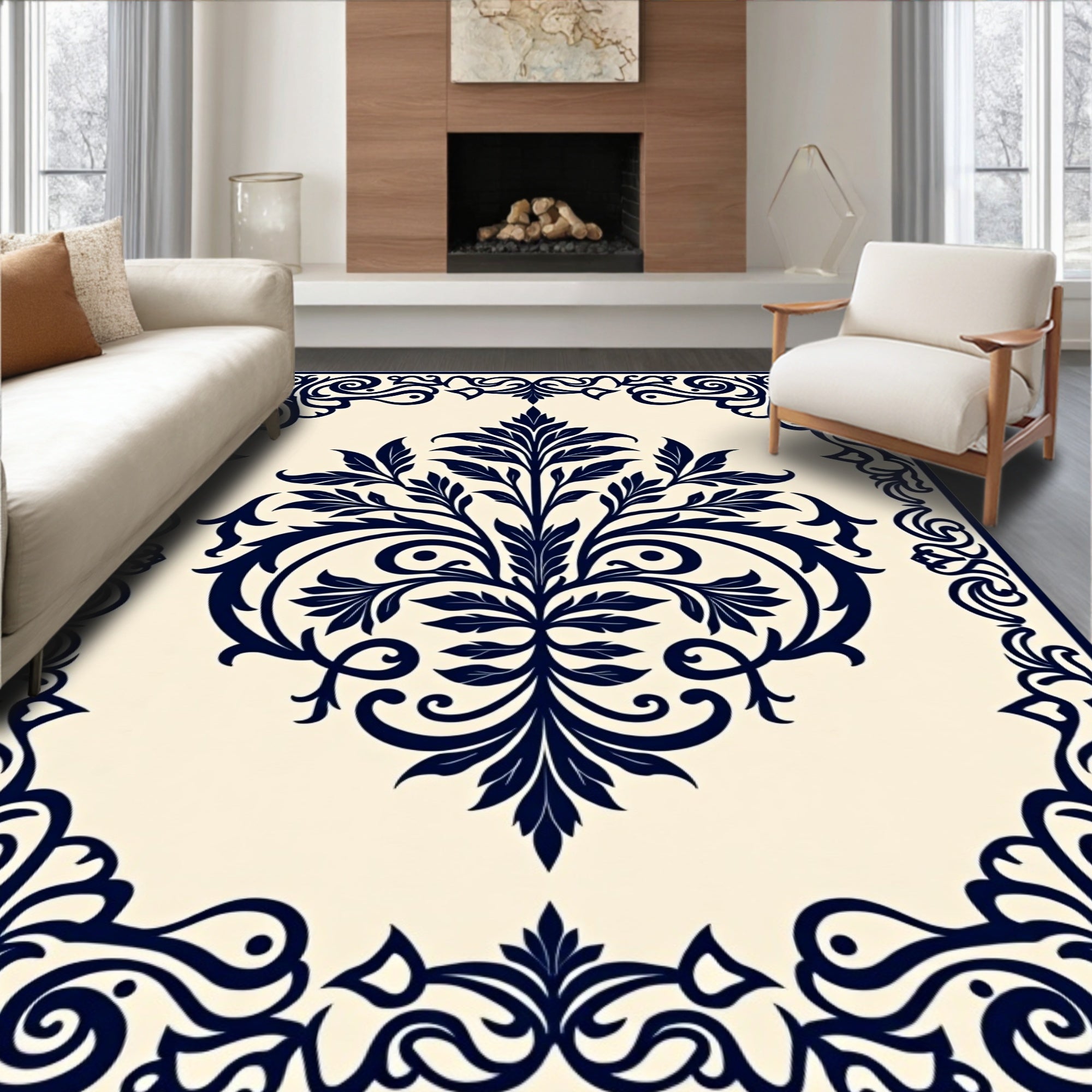 Navy Floral Scroll Classic Designed Rug
