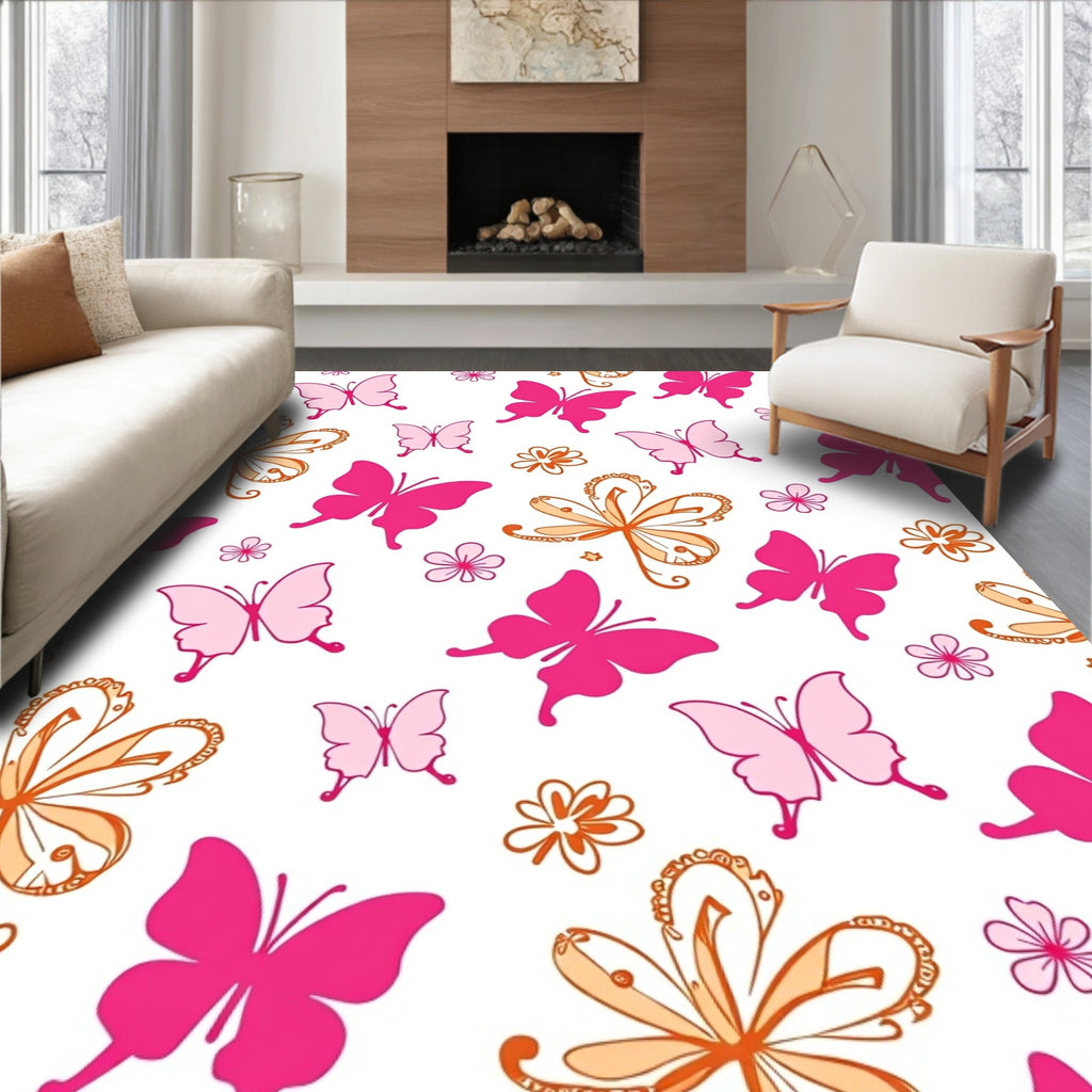 Pink Orange Butterfly Floral Pattern Rug