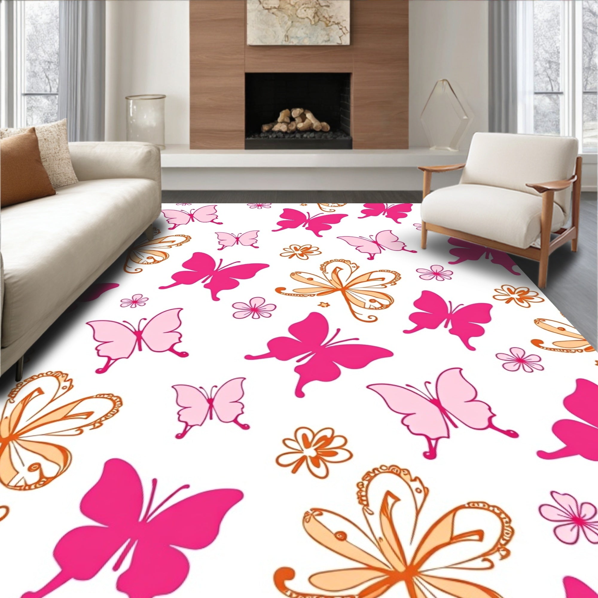 Pink Orange Butterfly Floral Pattern Rug