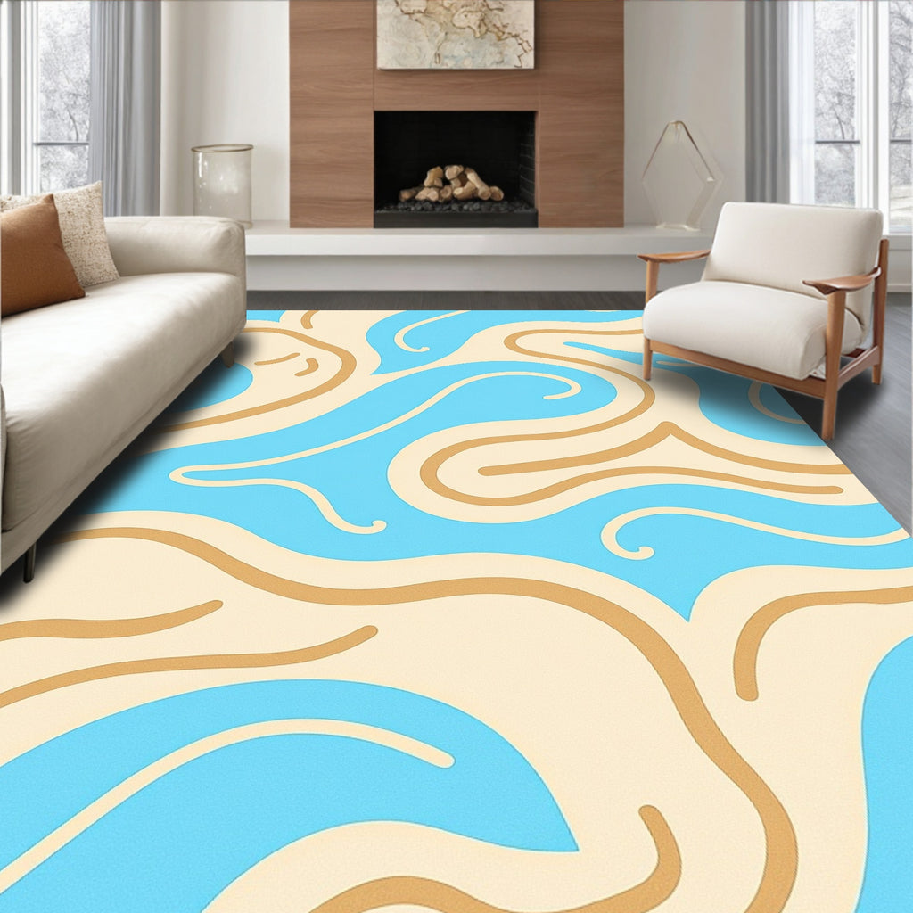 Fluid Abstract Cream Blue Swirls Pattern Rug