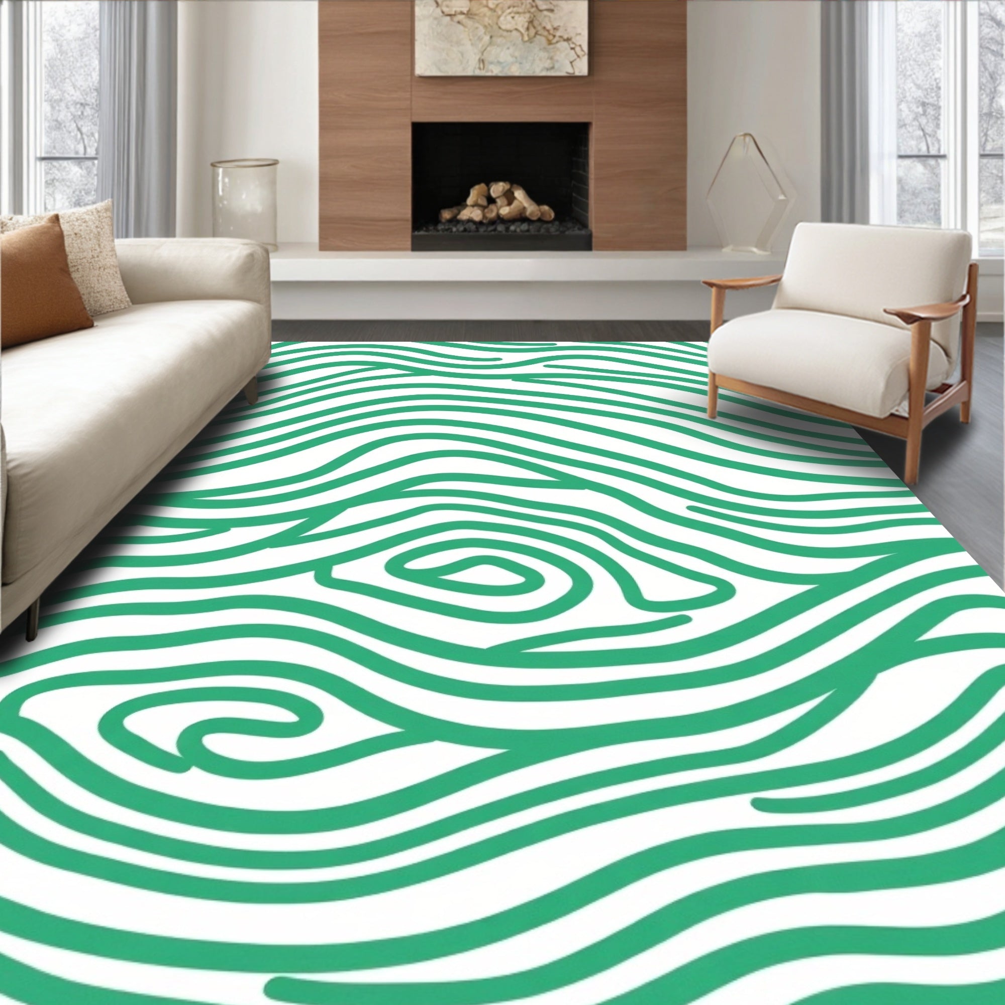 Modern Wavy Green Wood Grain Rug
