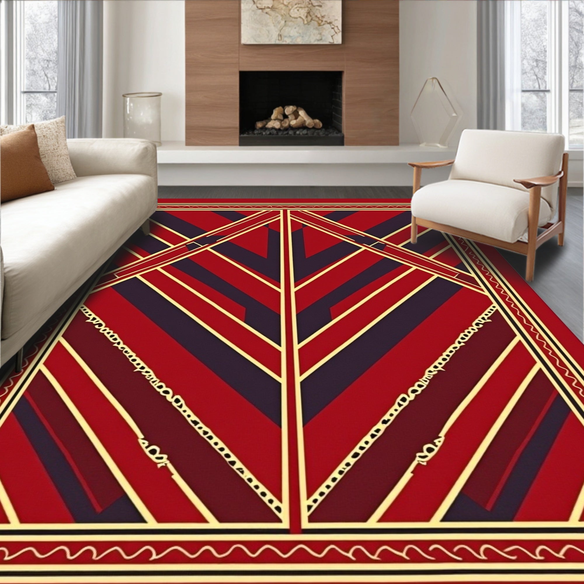 Red Gold Geometric Stripe Rug