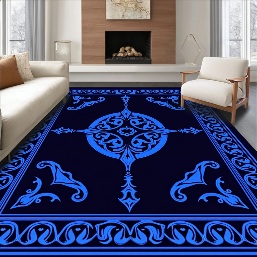 Ornate Blue Floral Medallion Design Rug