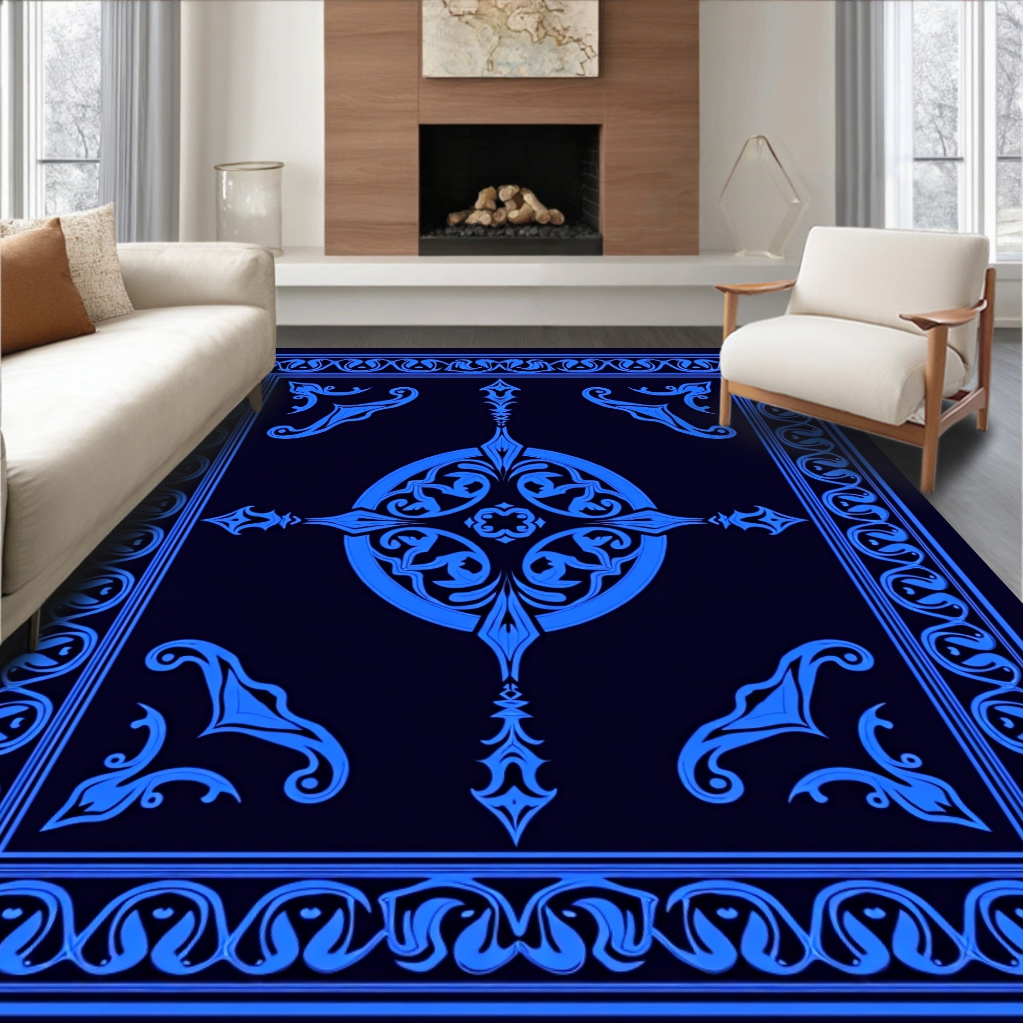 Ornate Blue Floral Medallion Design Rug