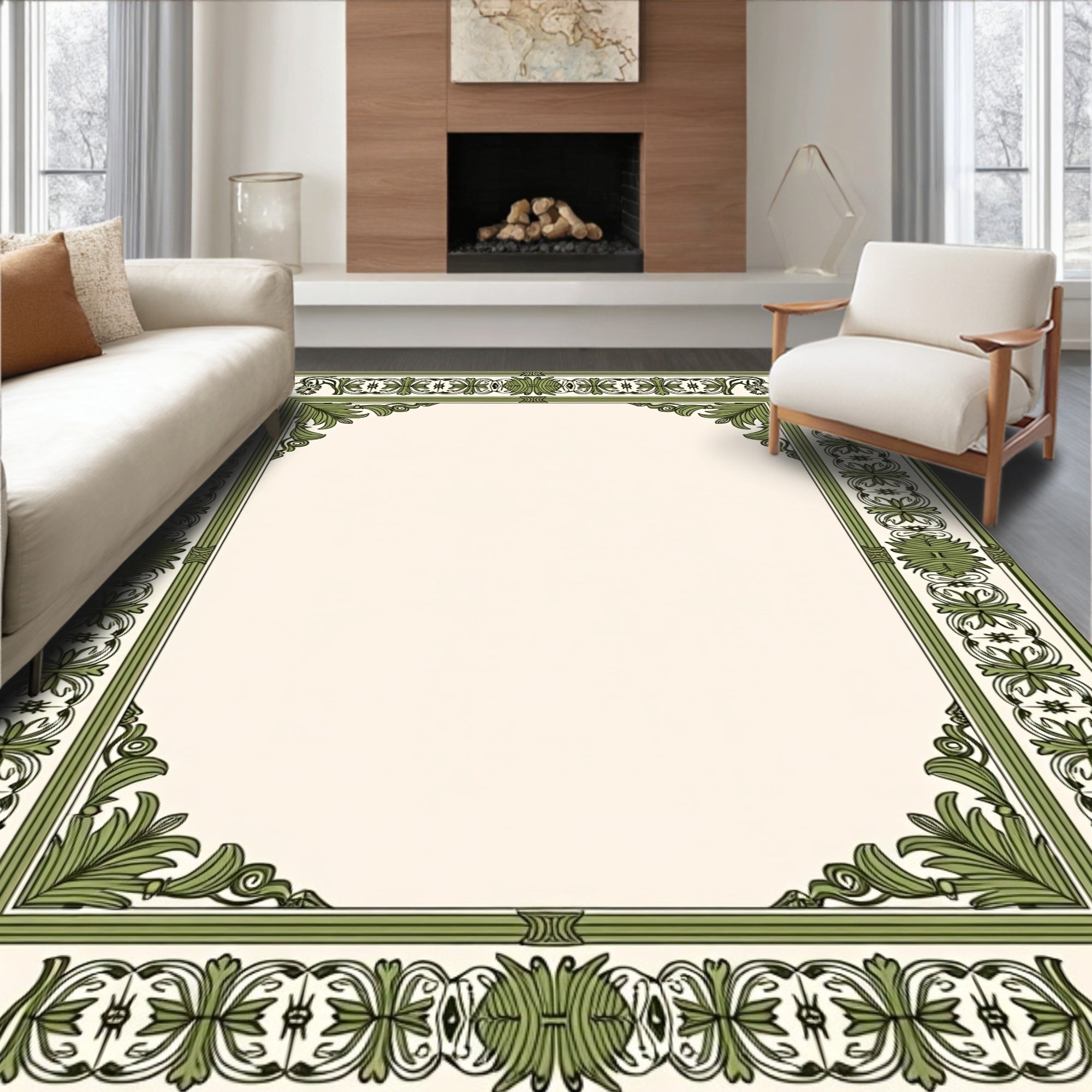 Traditional Green Leaf Classic Border Rug