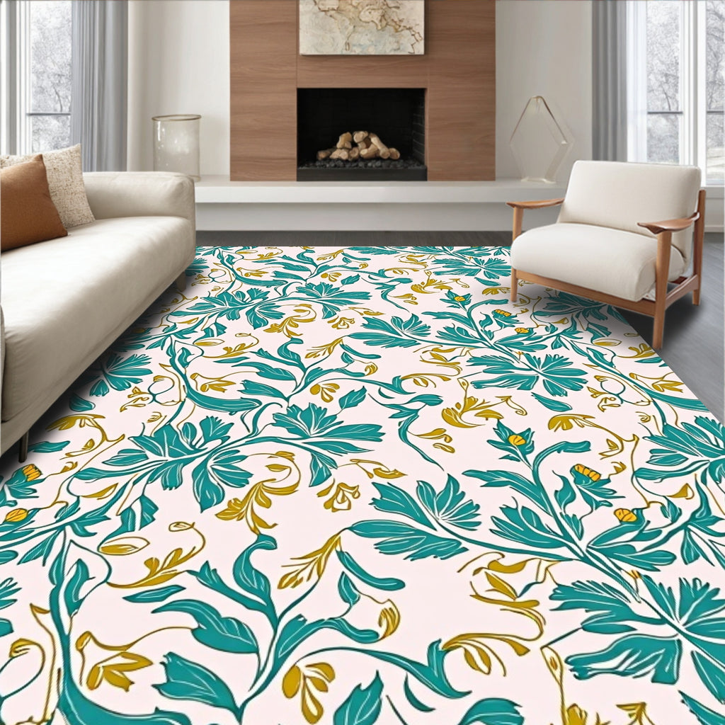Teal Gold Flourishing Floral Design Rug