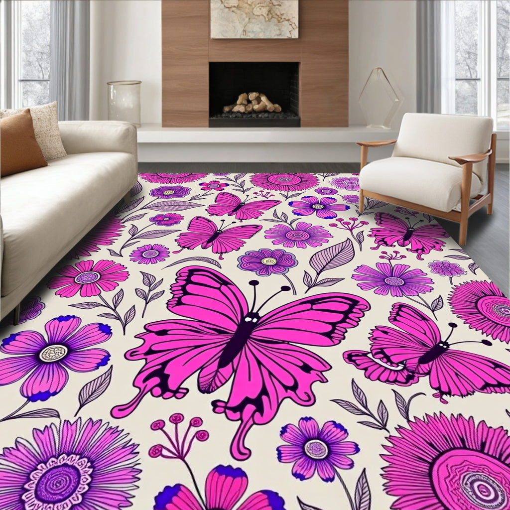 Vibrant Pink Butterflies Floral Garden Rug