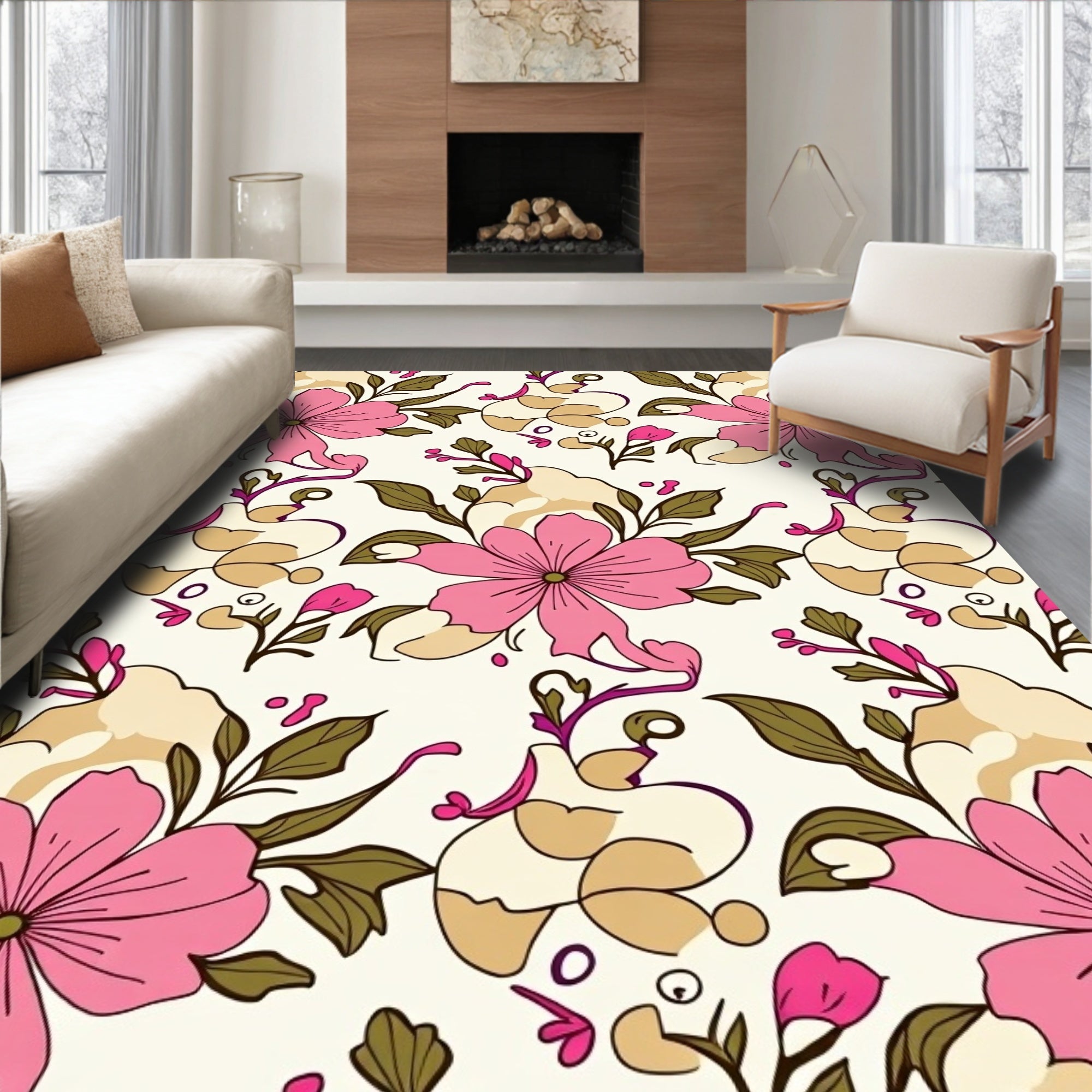 Pink Bloom Floral Outline Rug