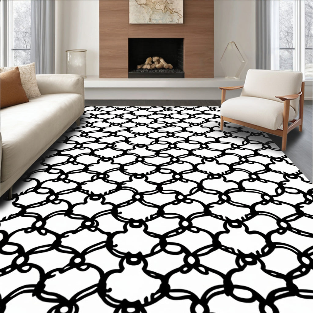Classic Quatrefoil Black White Pattern Rug