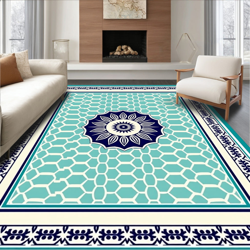 Marine Blue Medallion Hexagonal Pattern Rug