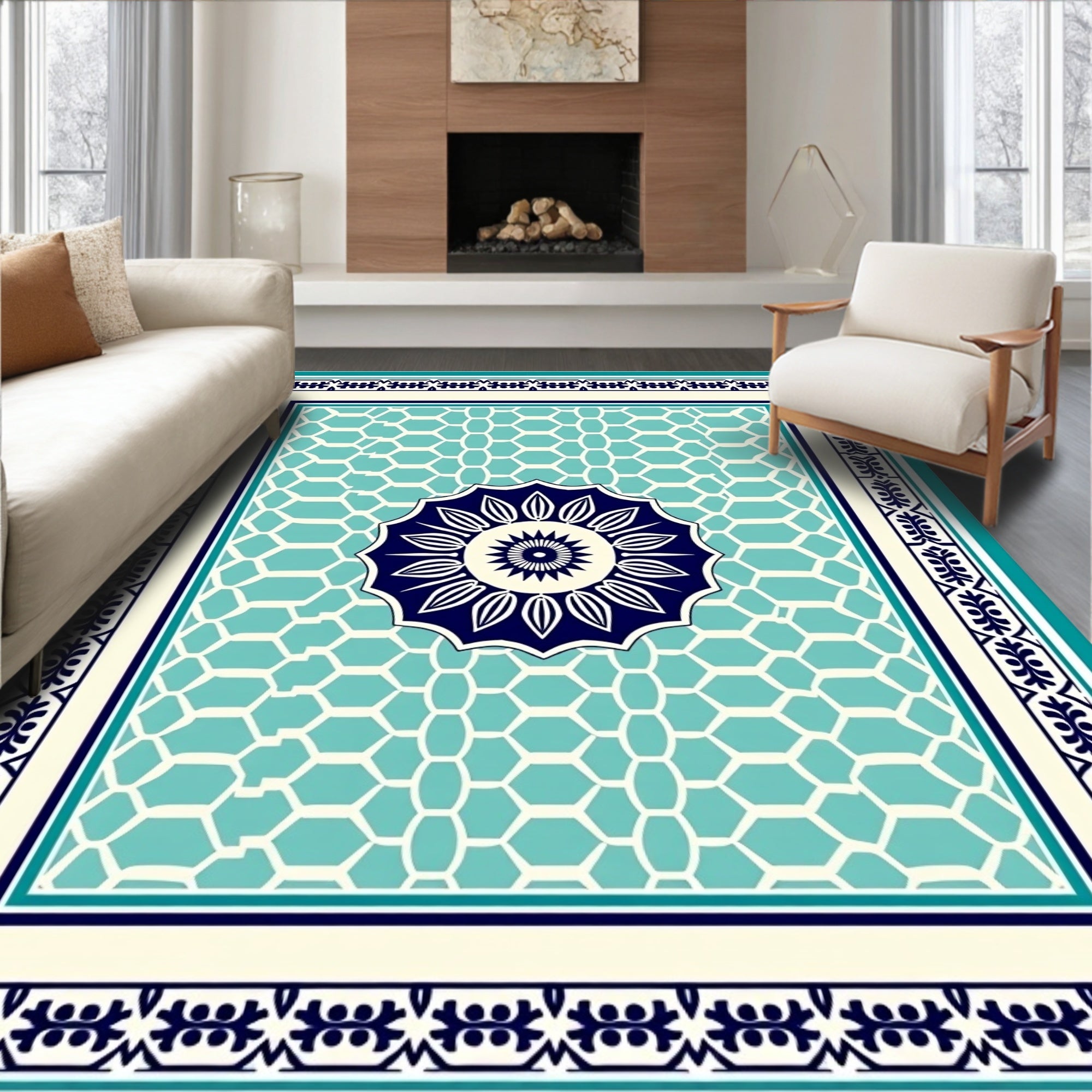 Marine Blue Medallion Hexagonal Pattern Rug