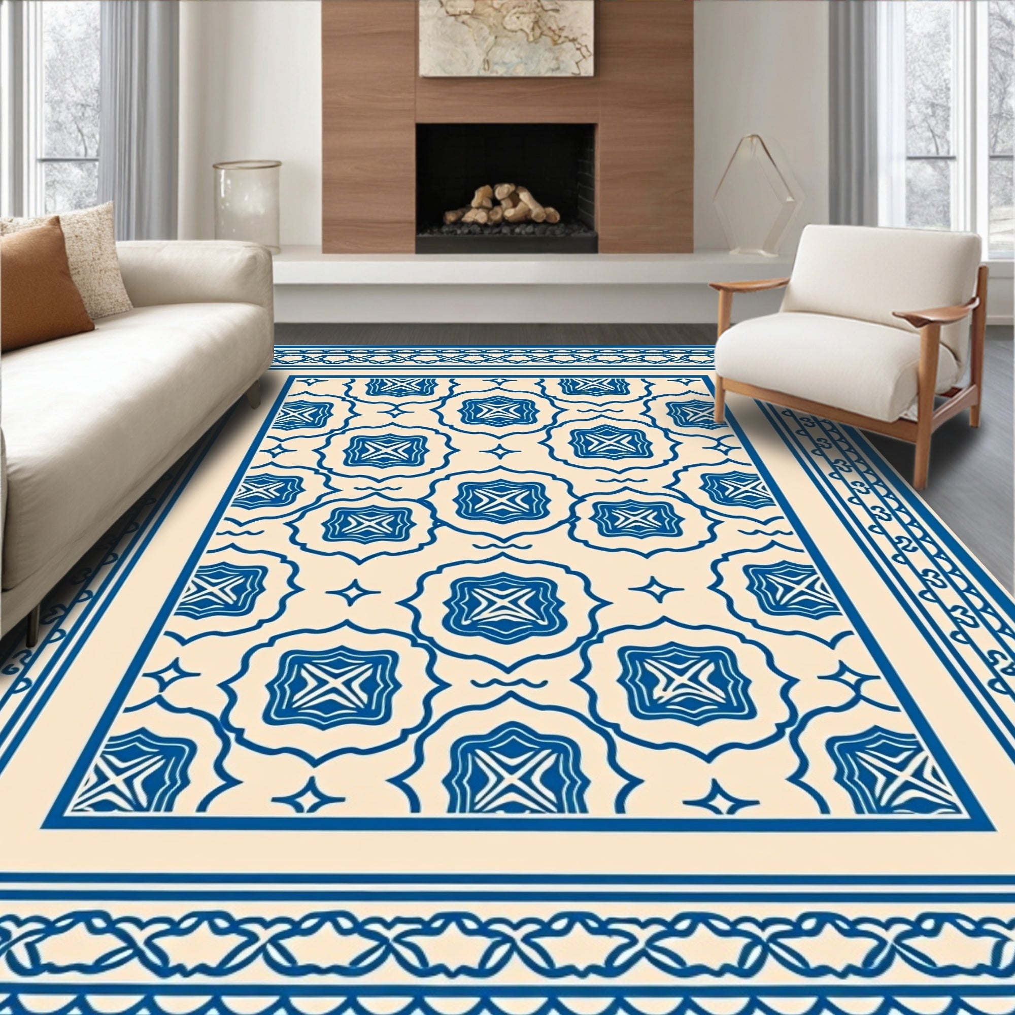 Classic Blue Cream Floral Pattern Rug