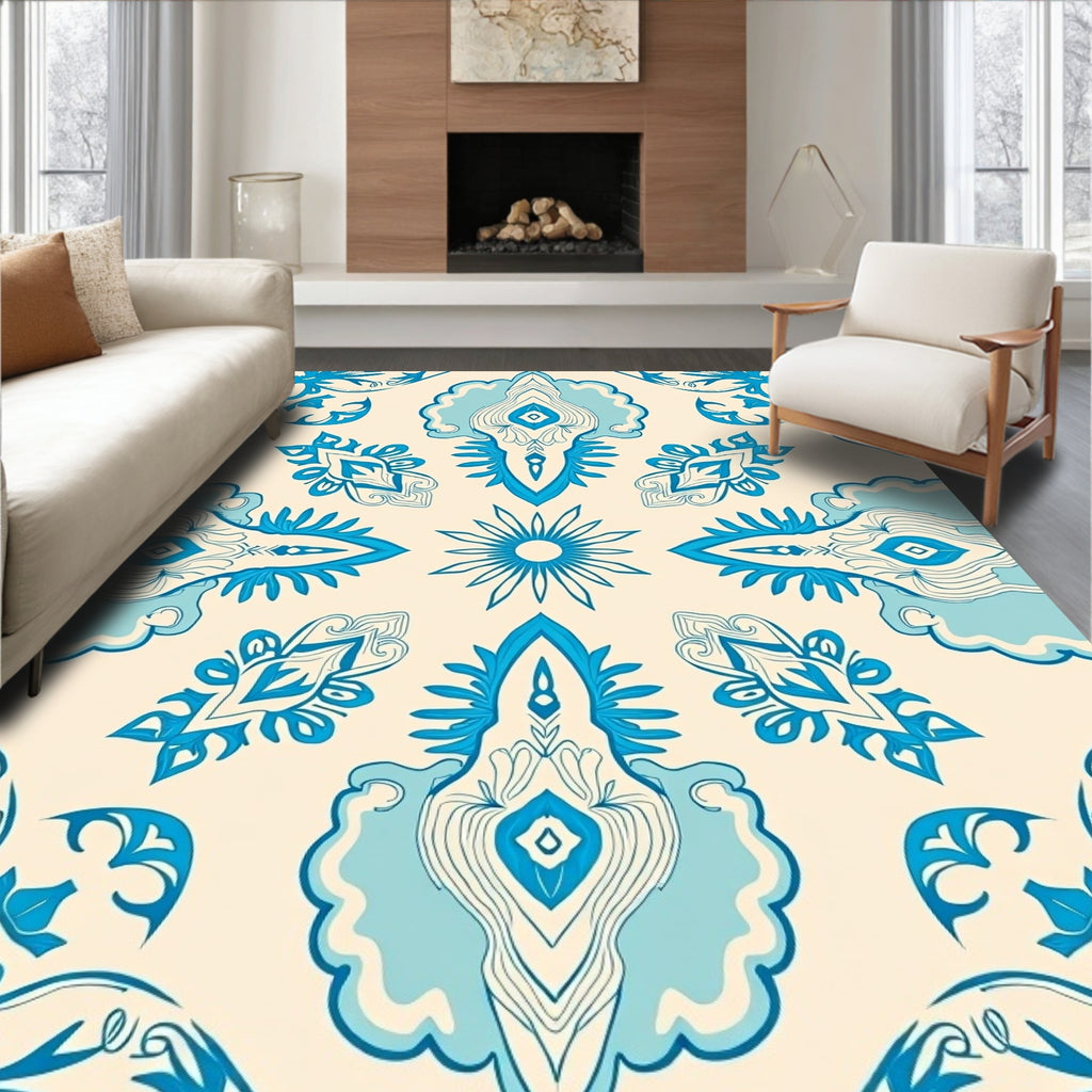 Blue Cream Stylized Floral Pattern Rug