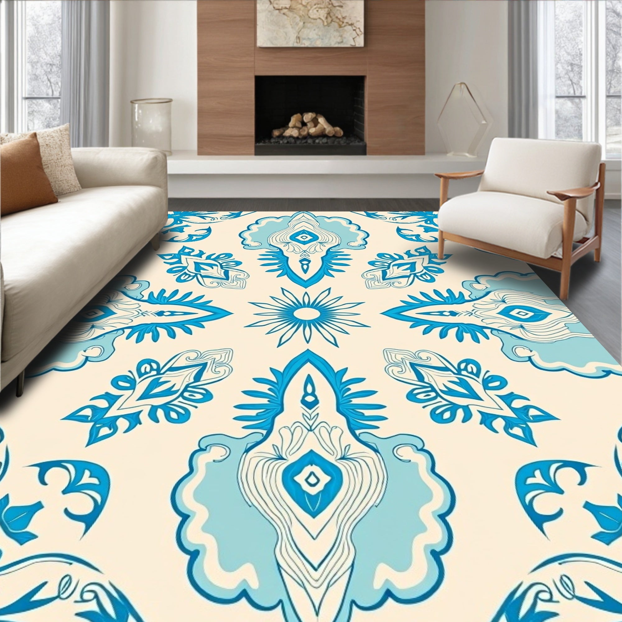 Blue Cream Stylized Floral Pattern Rug