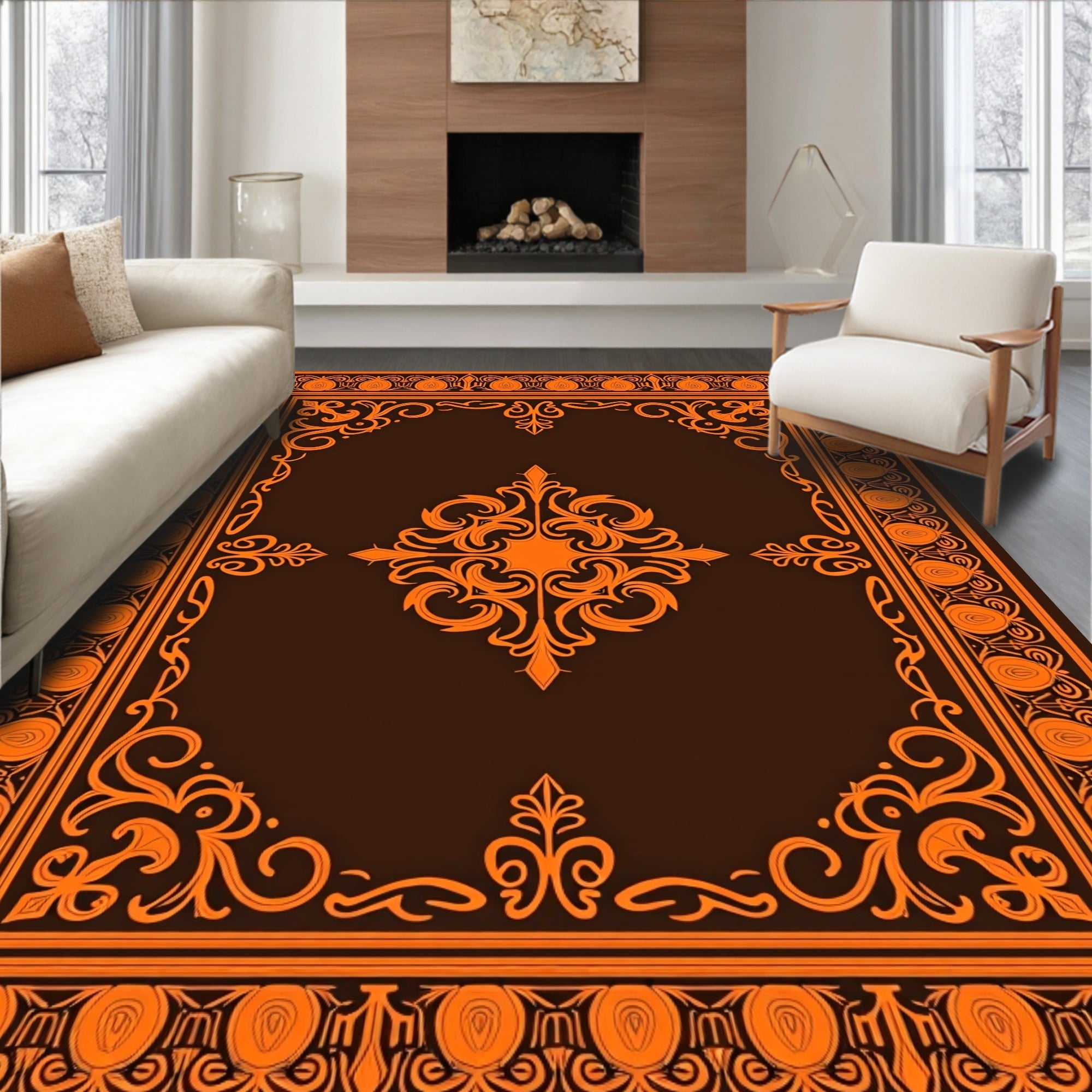 Orange Scrollwork Traditional Pattern Rug