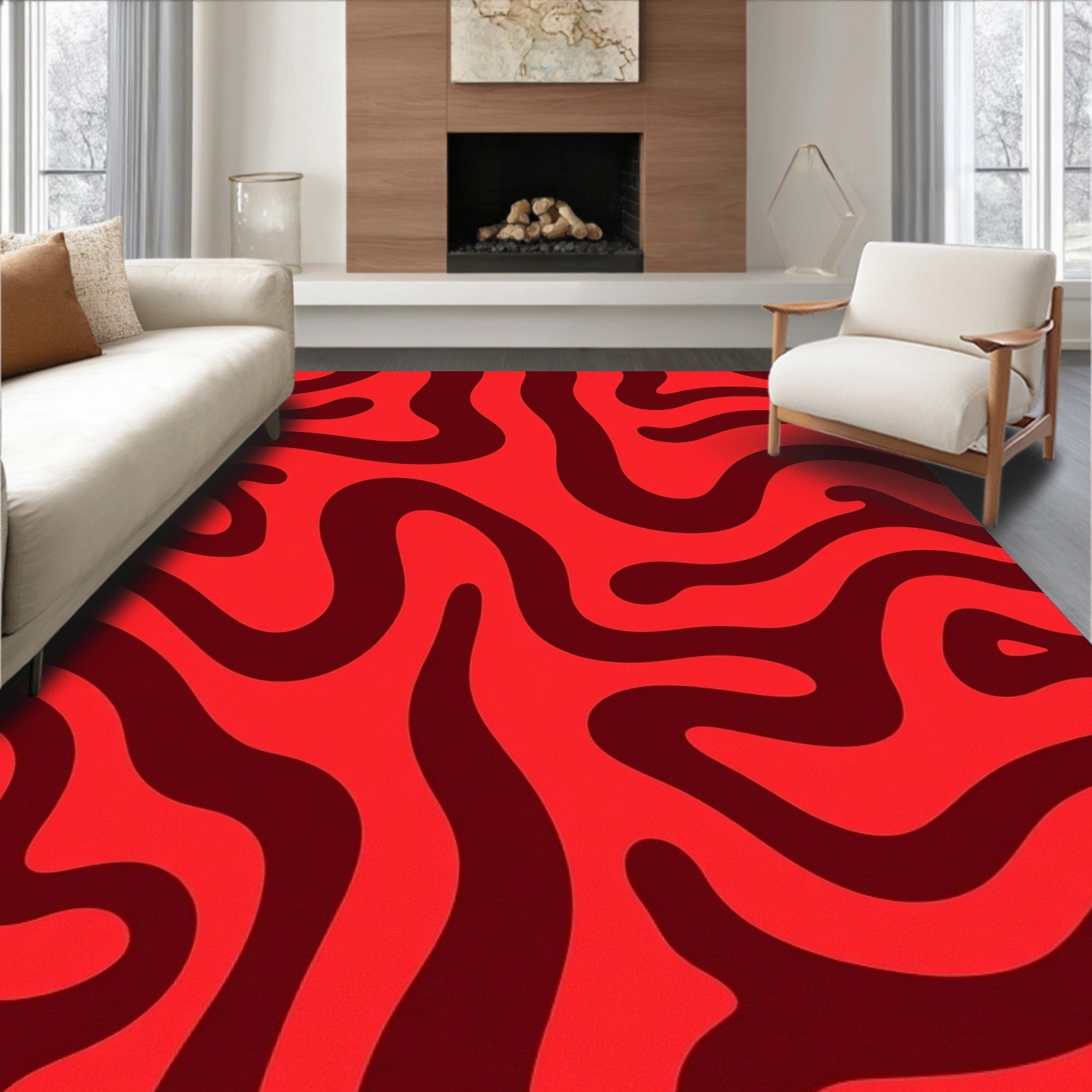 Bold Red Swirl Abstract Rug