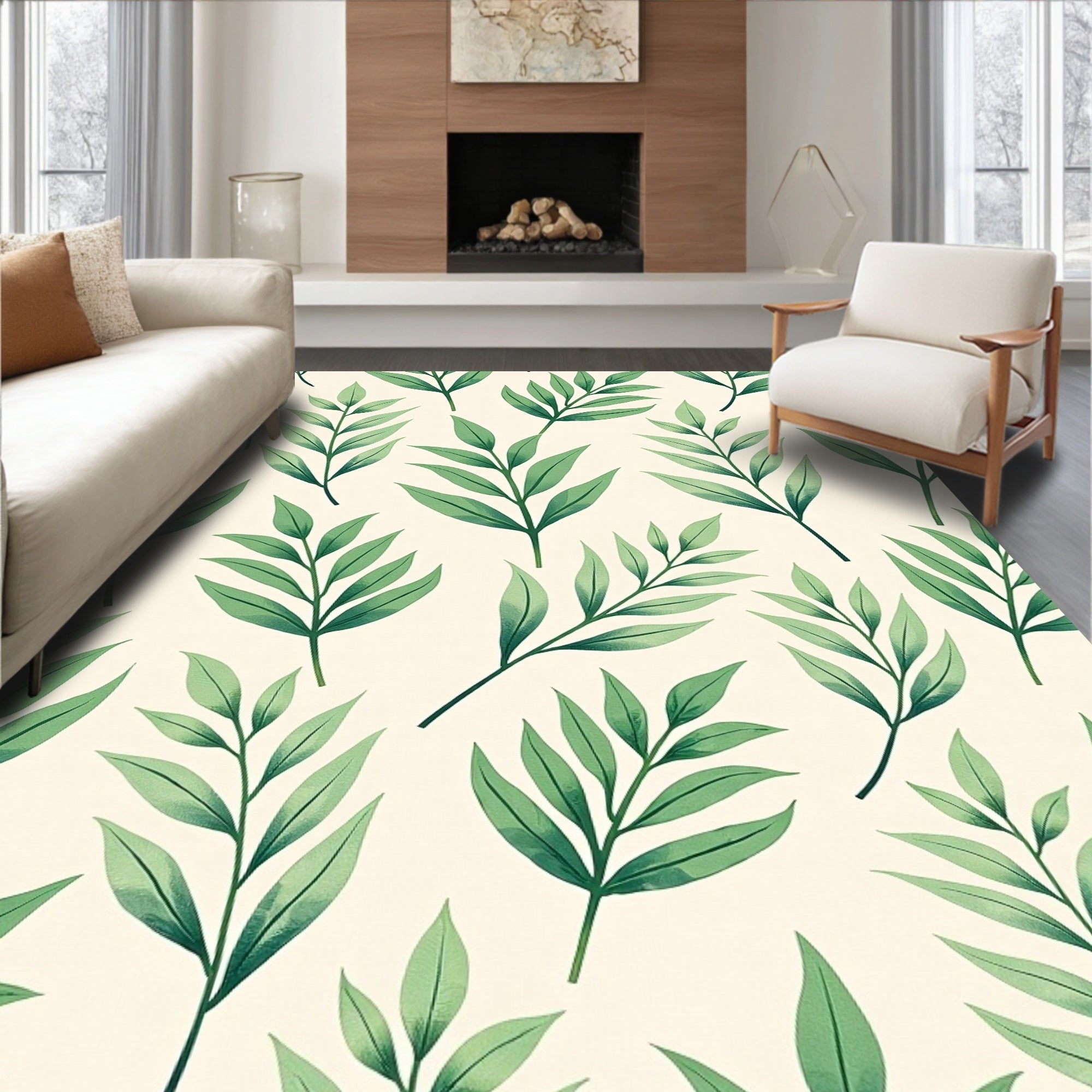 Green Leafy Branch Pattern Rug