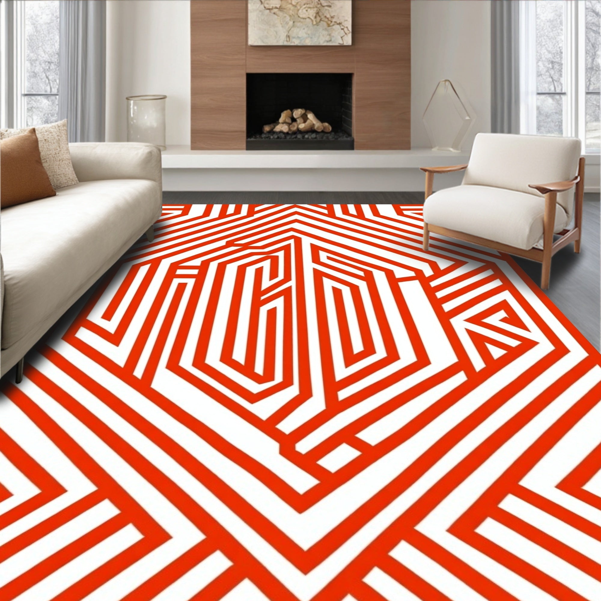 Bold Red Orange Geometric Maze Design Rug