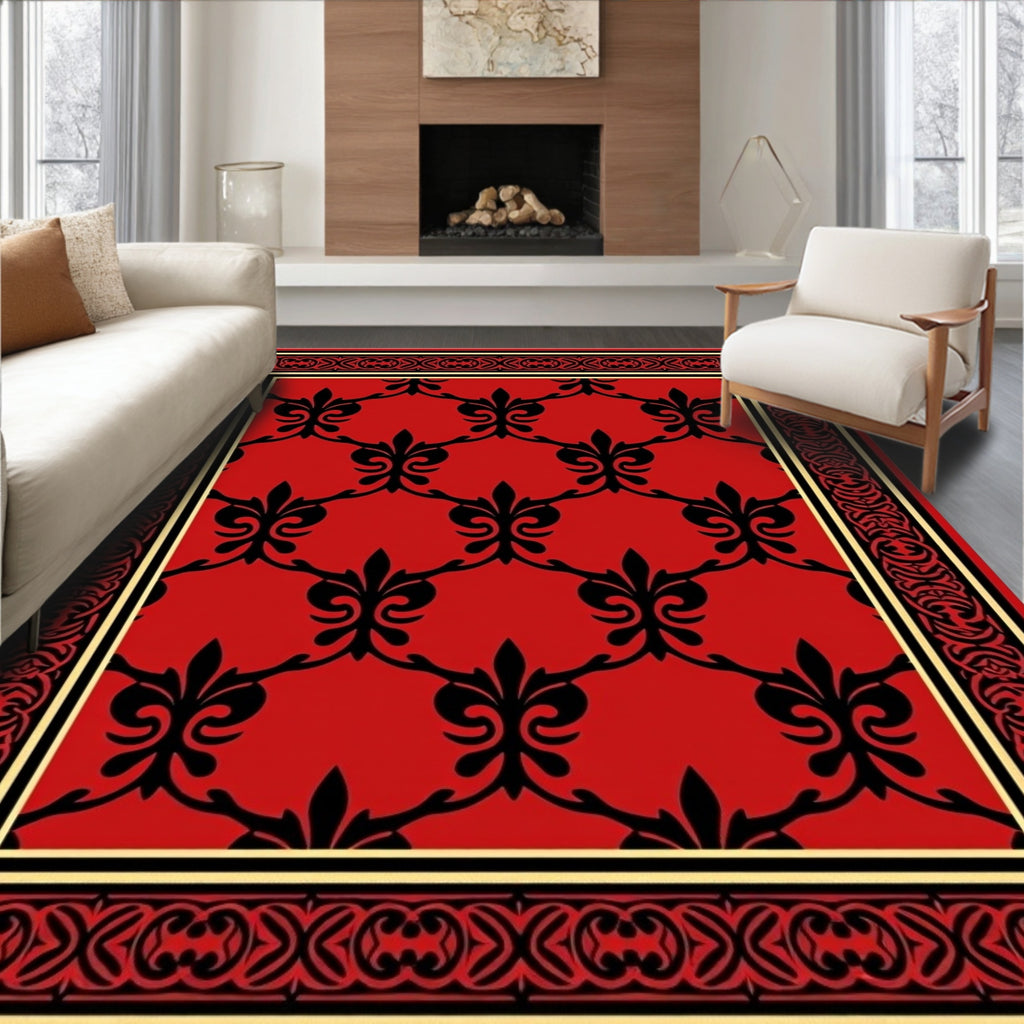 Regal Red Black Fleur-de-Lis Pattern Rug