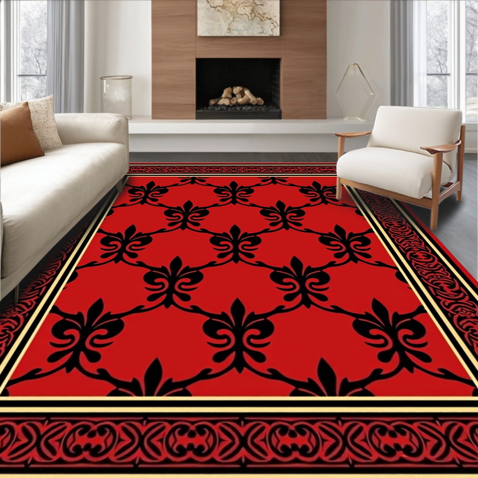 Regal Red Black Fleur-de-Lis Pattern Rug