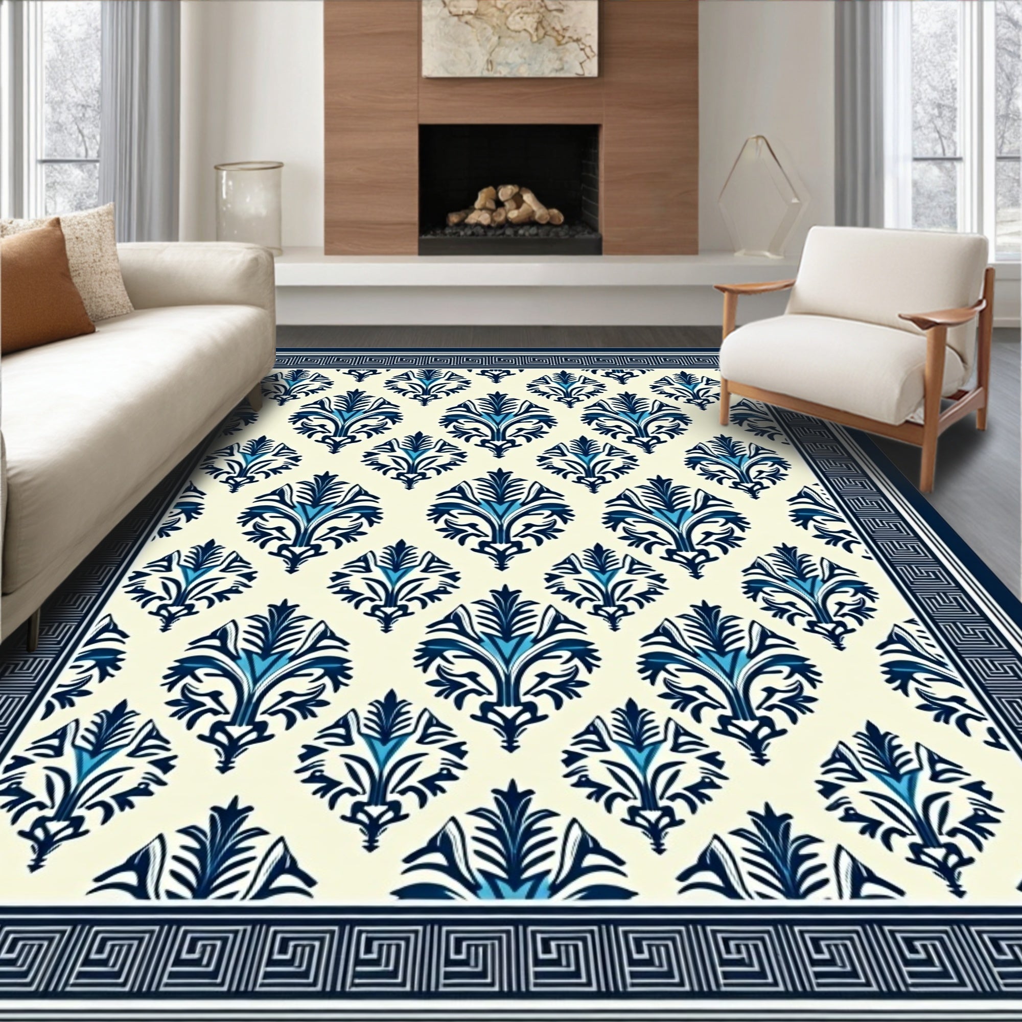 Classic Blue Ivory Damask Design Rug
