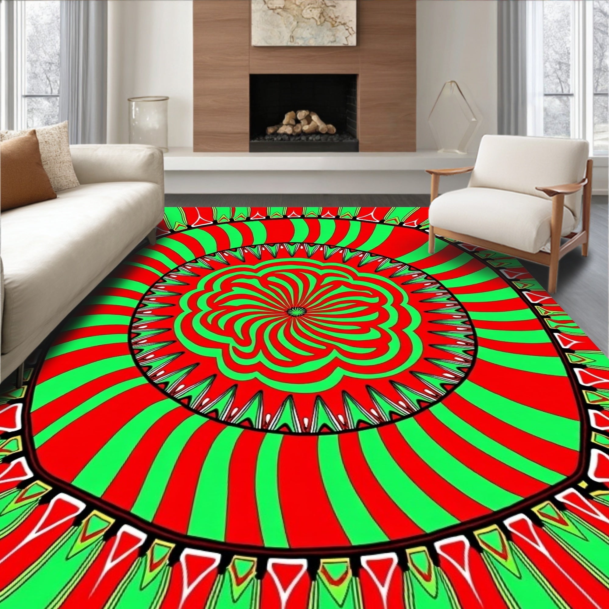 Vibrant Red Green Starburst Mandala Design Rug