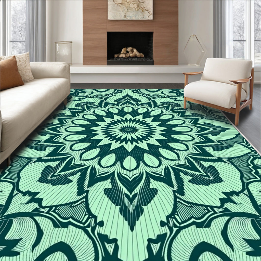 Intricate Teal Floral Mandala Design Rug