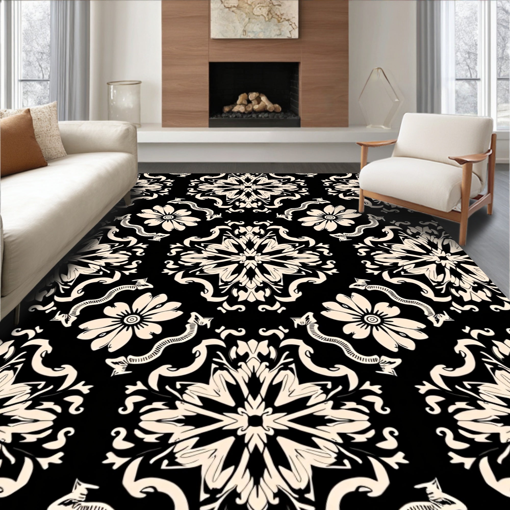 Cream Floral Damask Pattern Rug