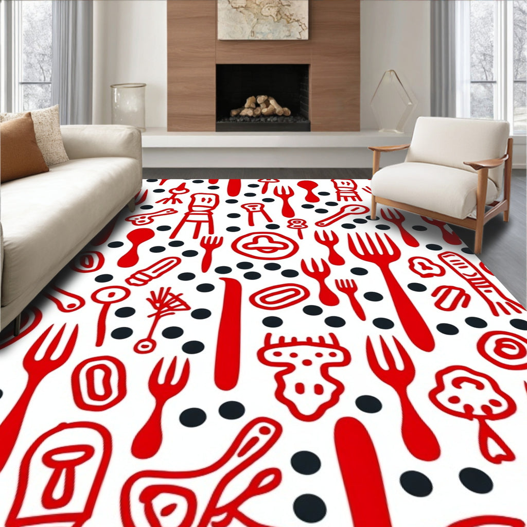 Red Utensil Dot Pattern Rug