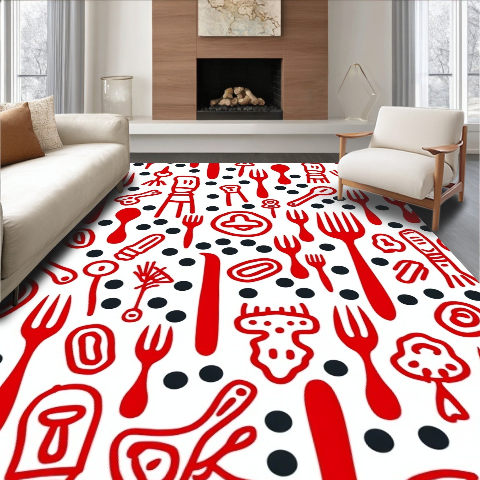 Red Utensil Dot Pattern Rug