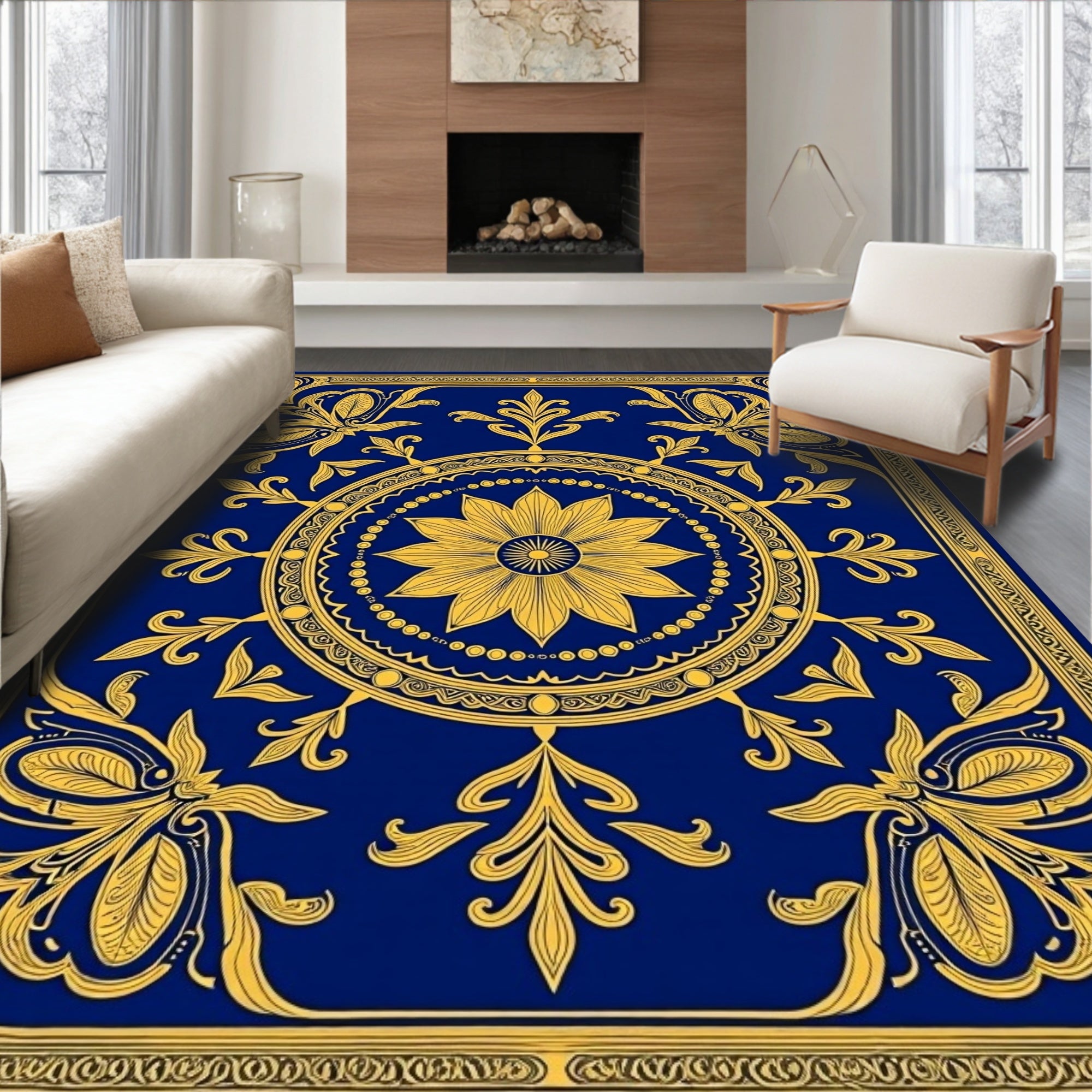 Royal Blue Golden Floral Medallion Rug