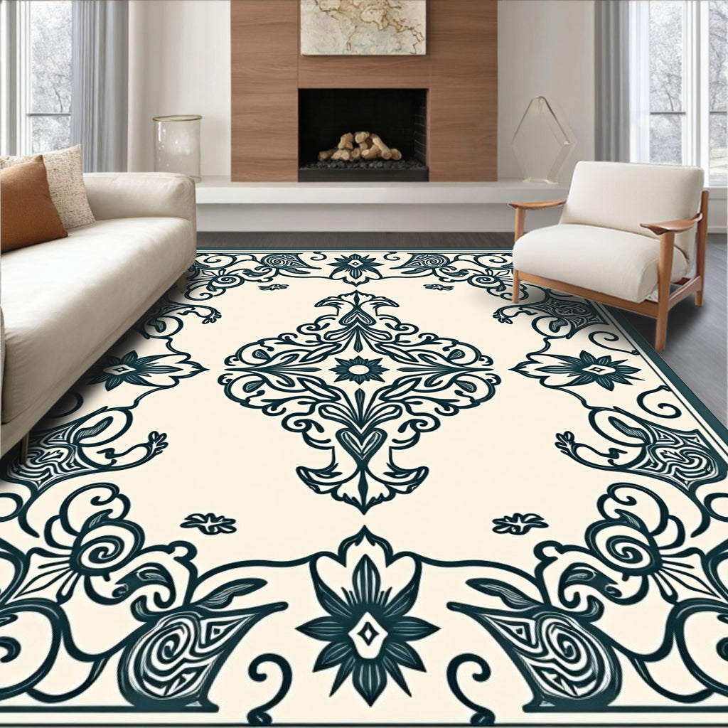 Ornate Floral Scroll Symmetry Design Rug