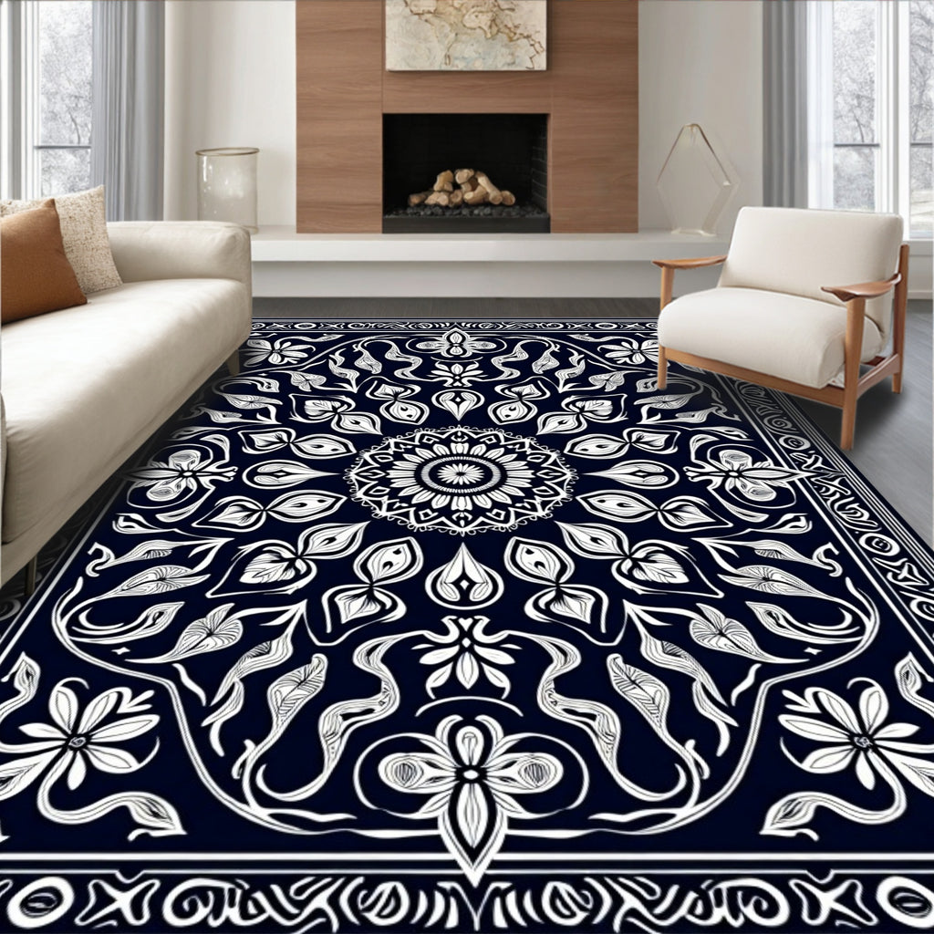 Dark Blue White Floral Mandala Border Rug