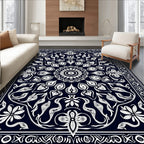 Dark Blue White Floral Mandala Border Rug