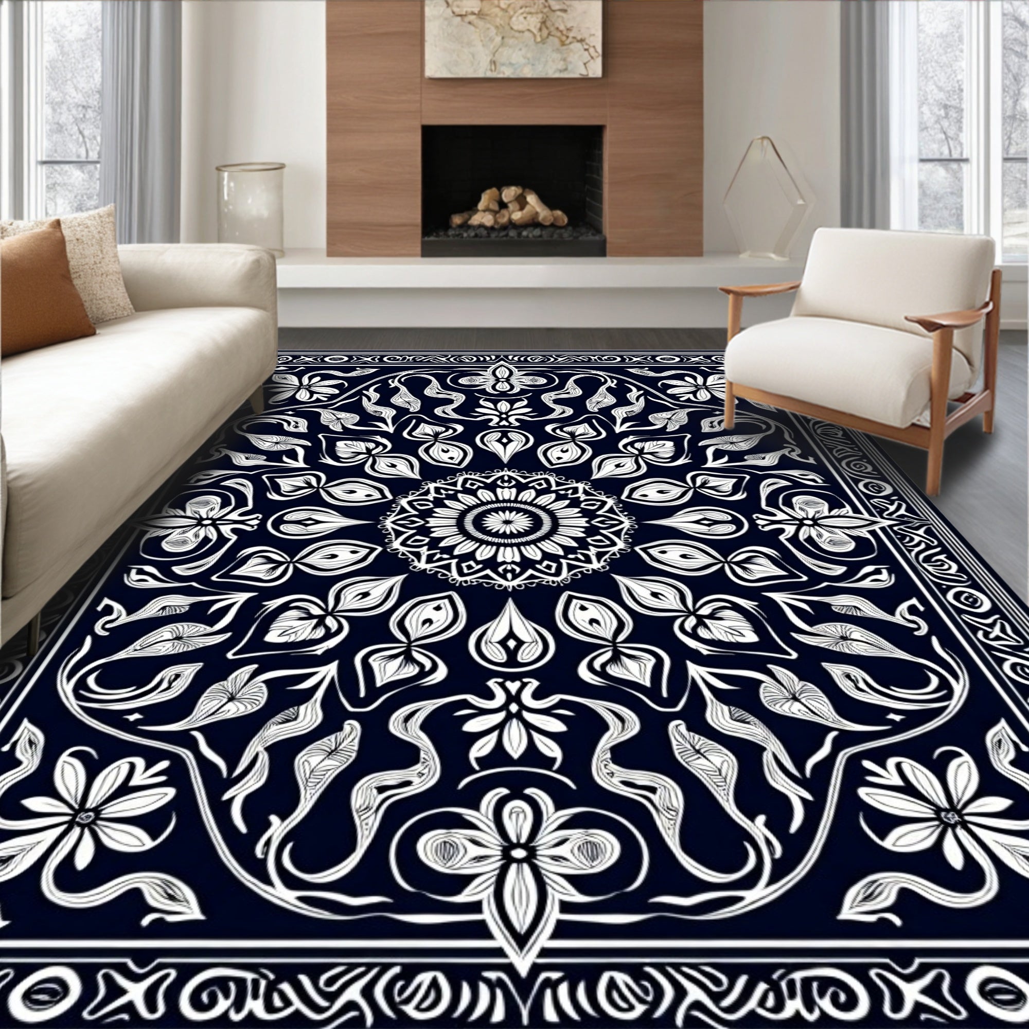 Dark Blue White Floral Mandala Border Rug
