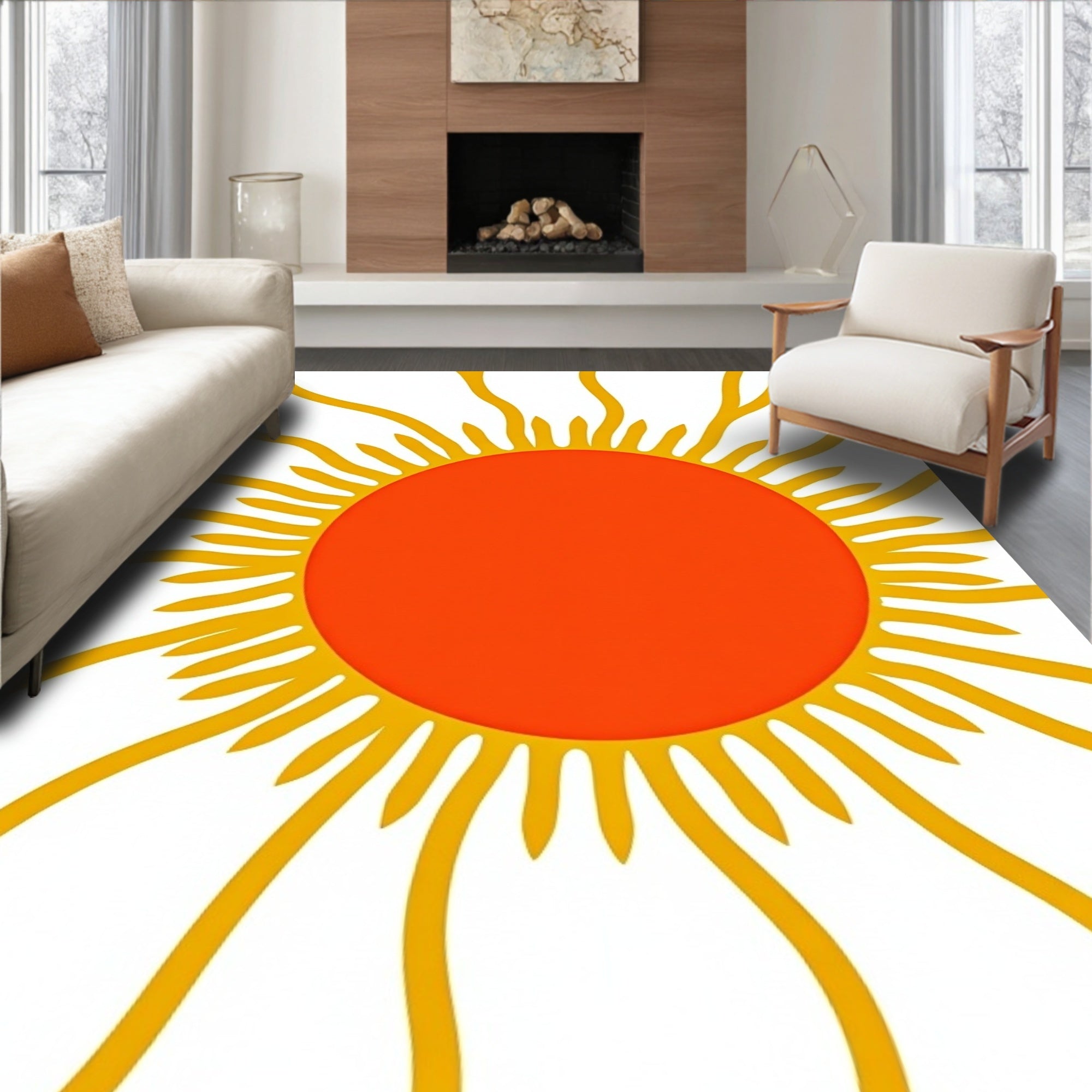 Bold Sunburst Orange Yellow Design Rug