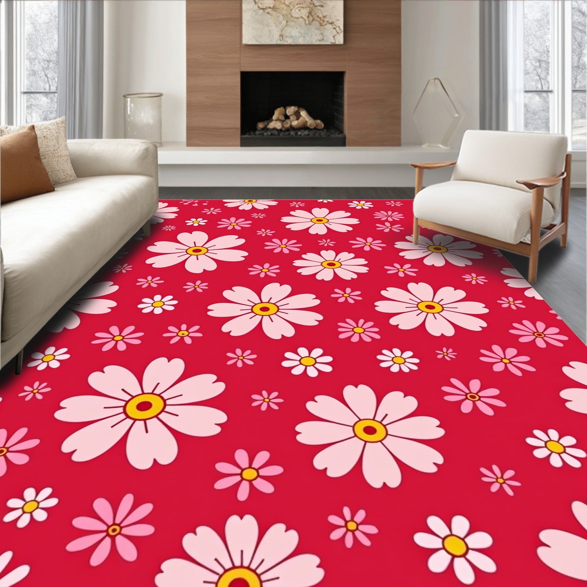 Blooming Pink Flower Pattern Rug