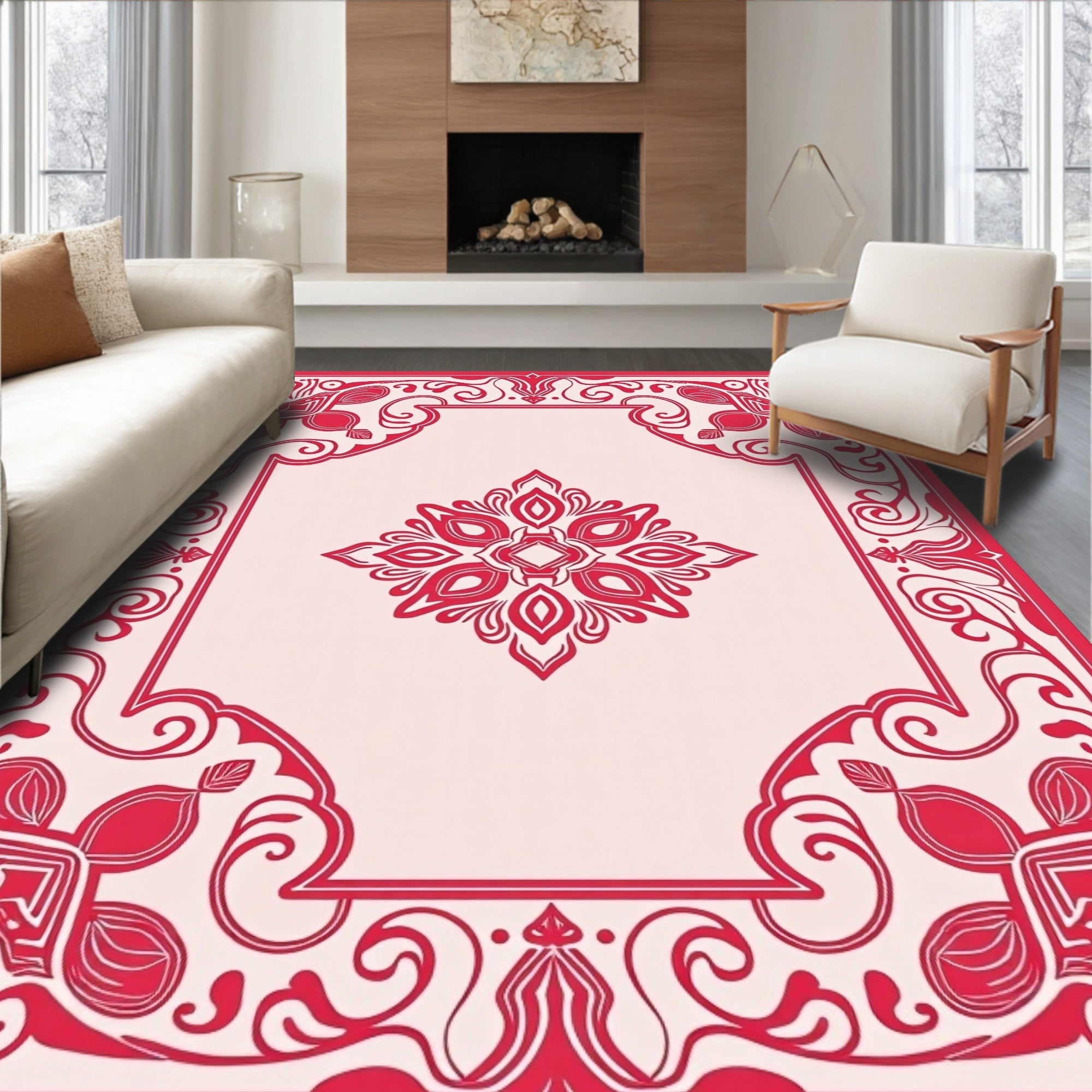 Ornate Red Floral Medallion Pattern Rug