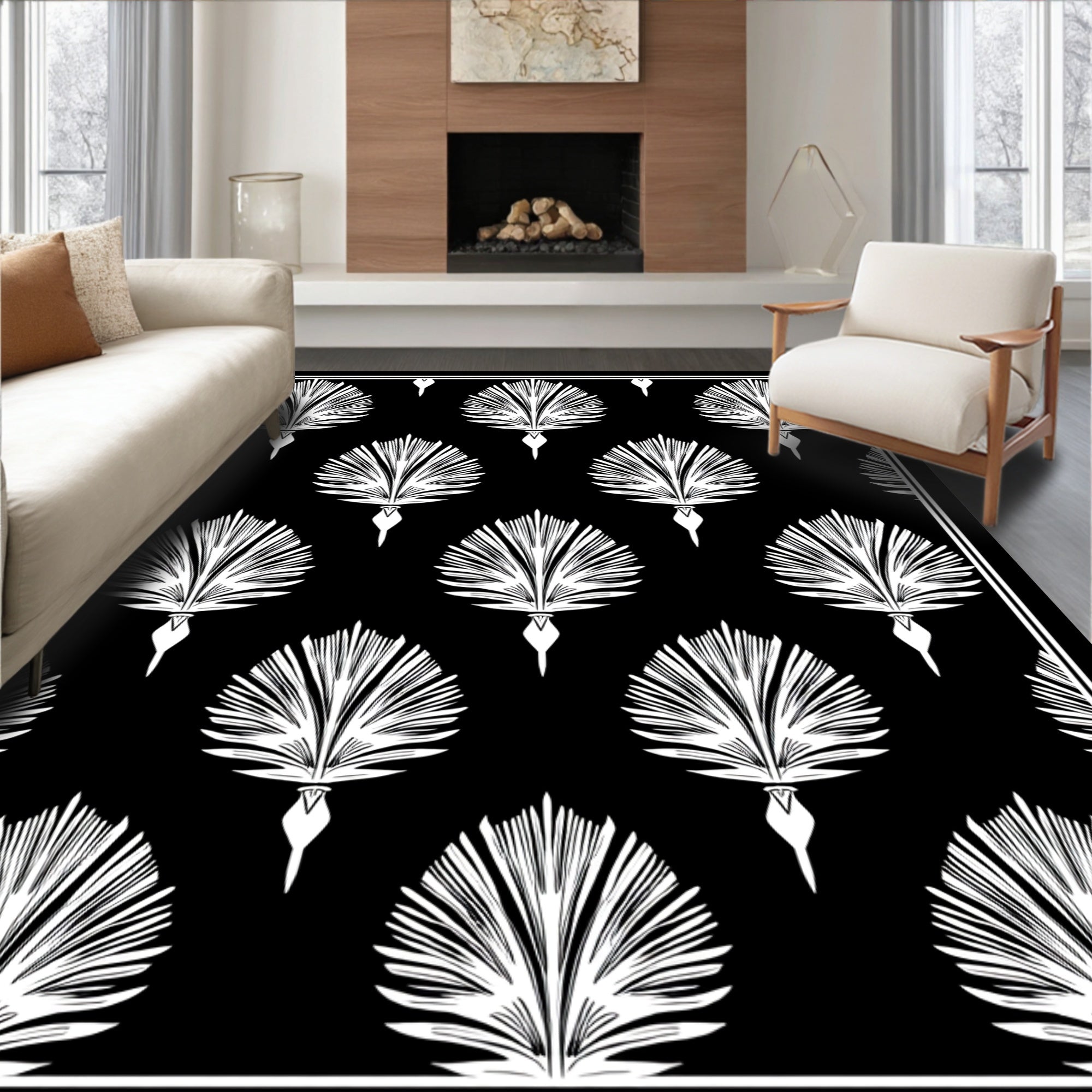 Art Deco White Fan Pattern Rug