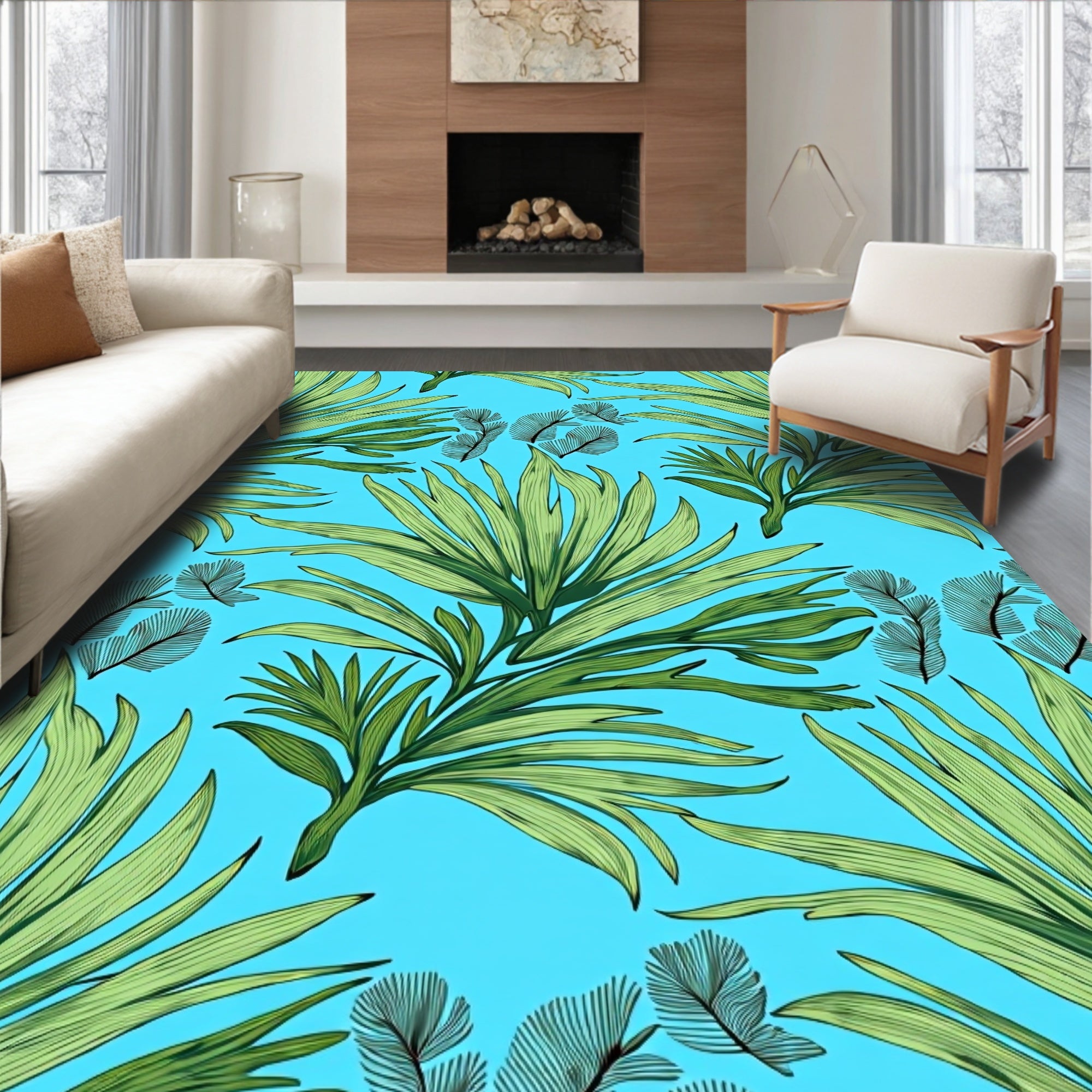Tropical Leaf Pattern Vibrant Blue Rug