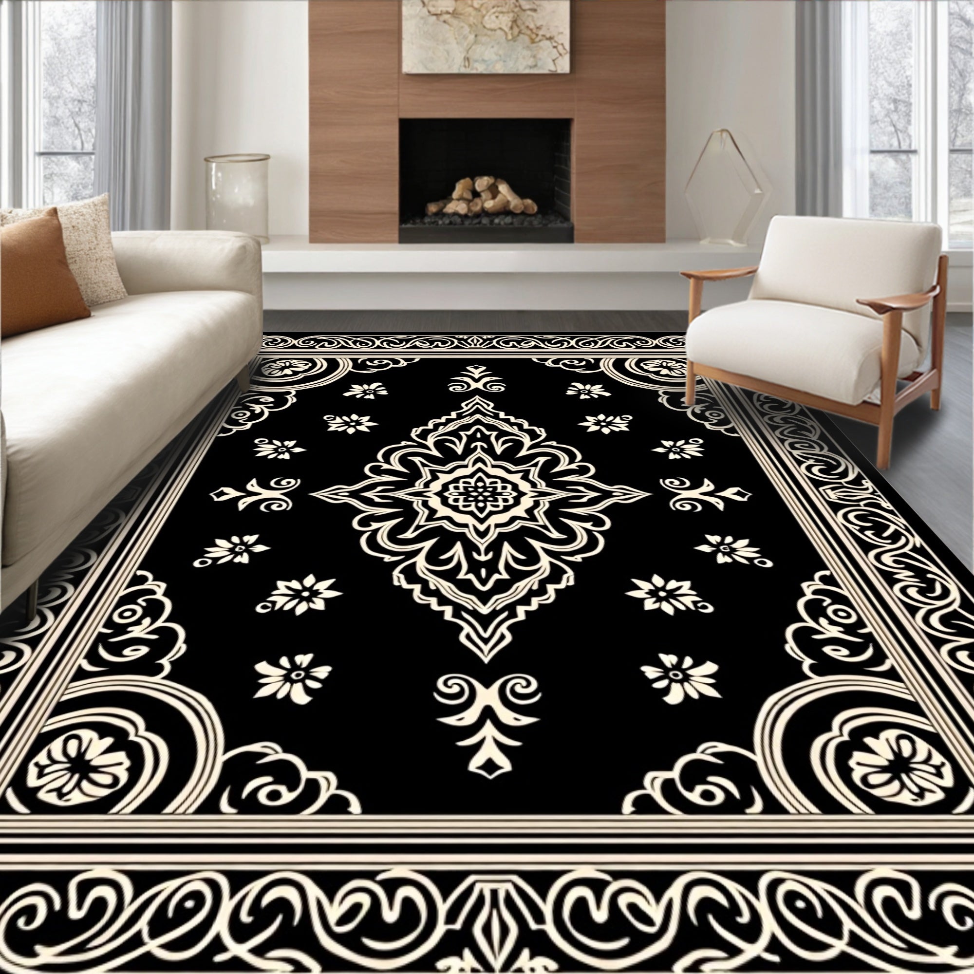 Ornate Floral Black Creme Pattern Rug