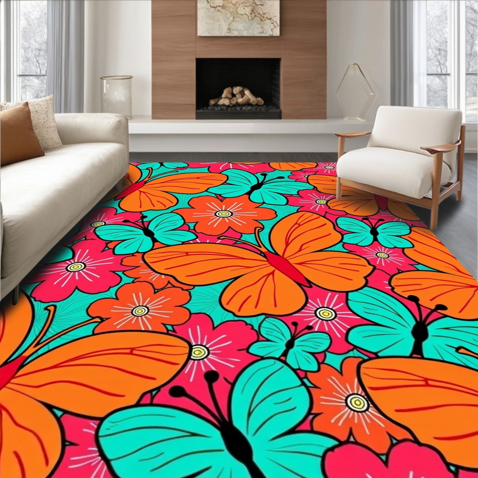 Orange Butterfly Flower Pattern Rug