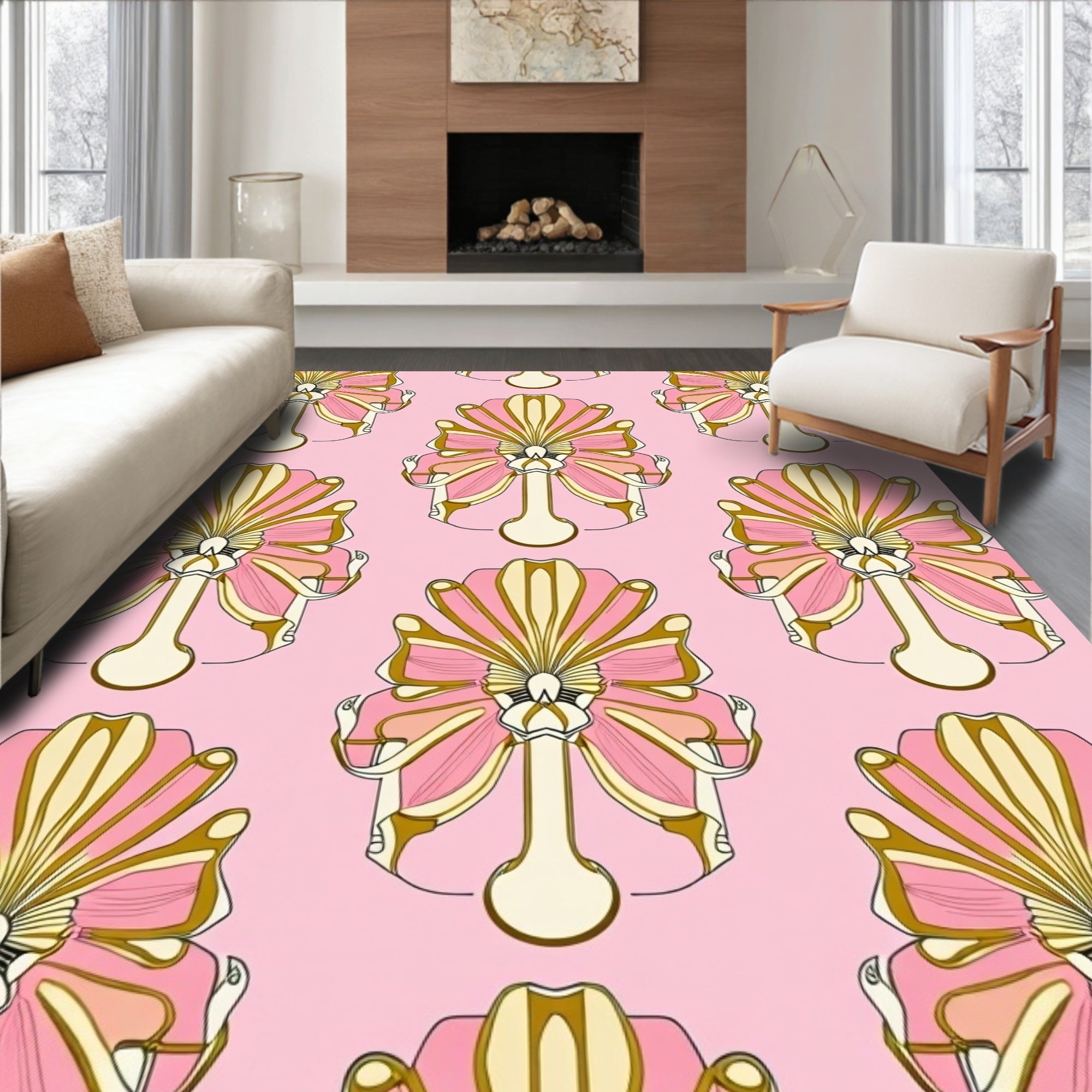 Art Deco Fan Floral Pink Pattern Rug
