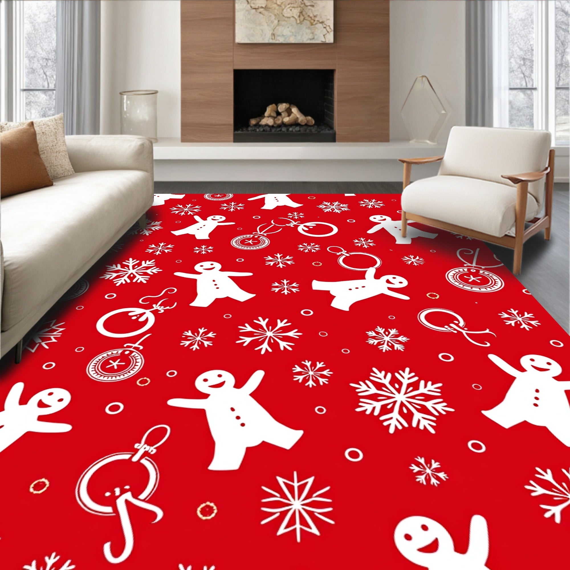 Red White Gingerbread Snowflakes Merry Holidays Rug