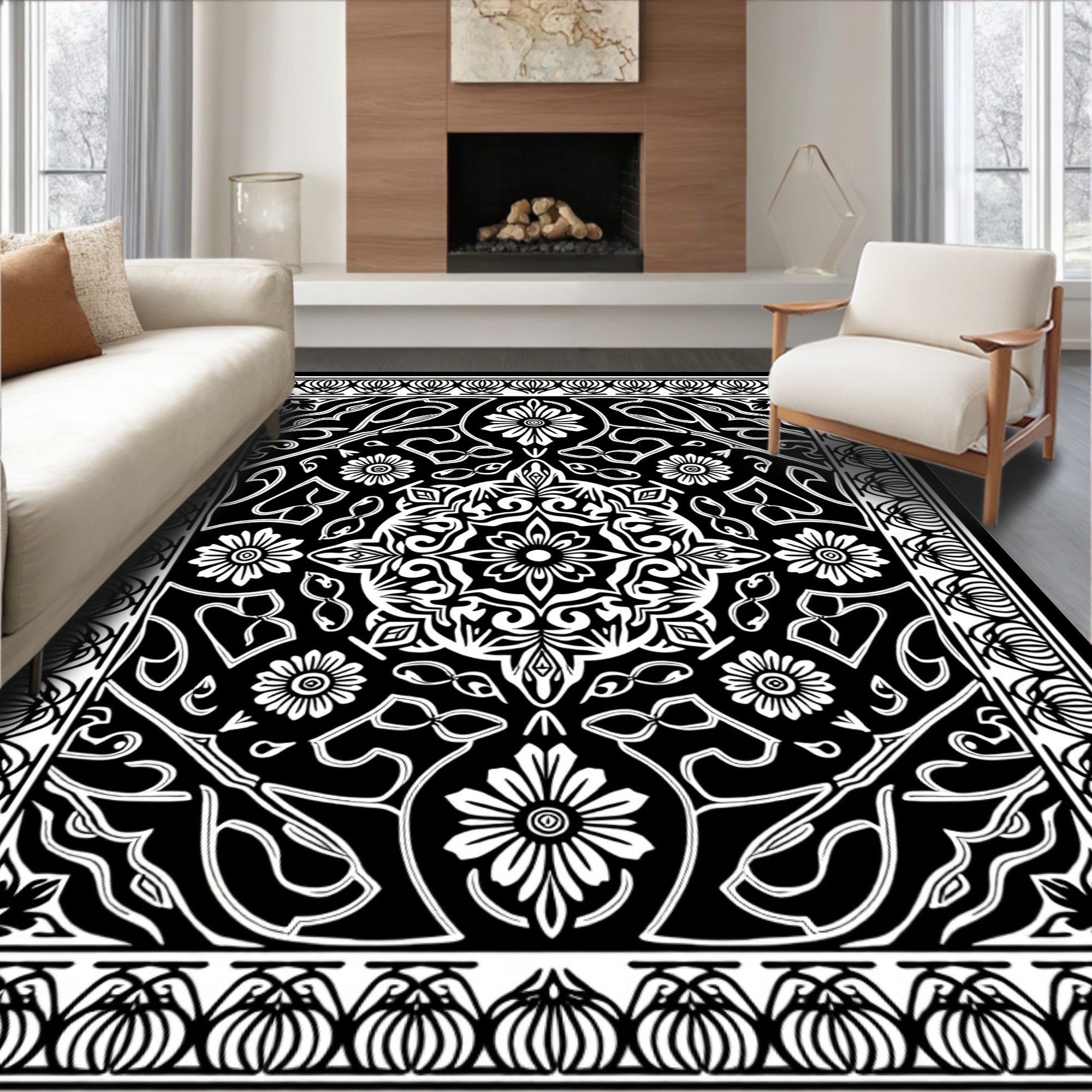 Black White Floral Patterned Rug