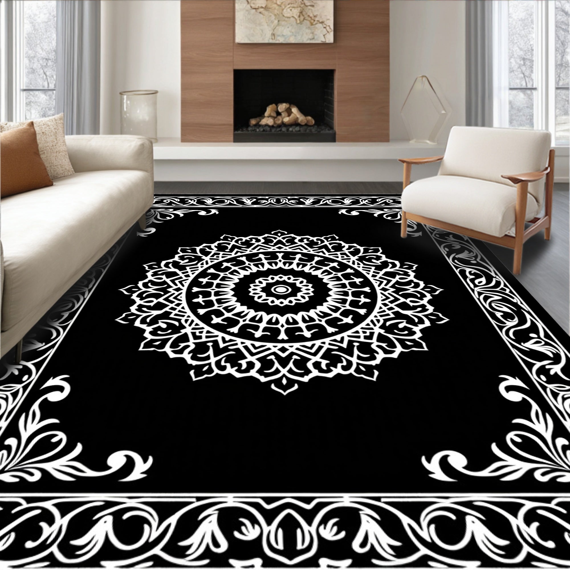 Black White Mandala Patterned Frame Rug