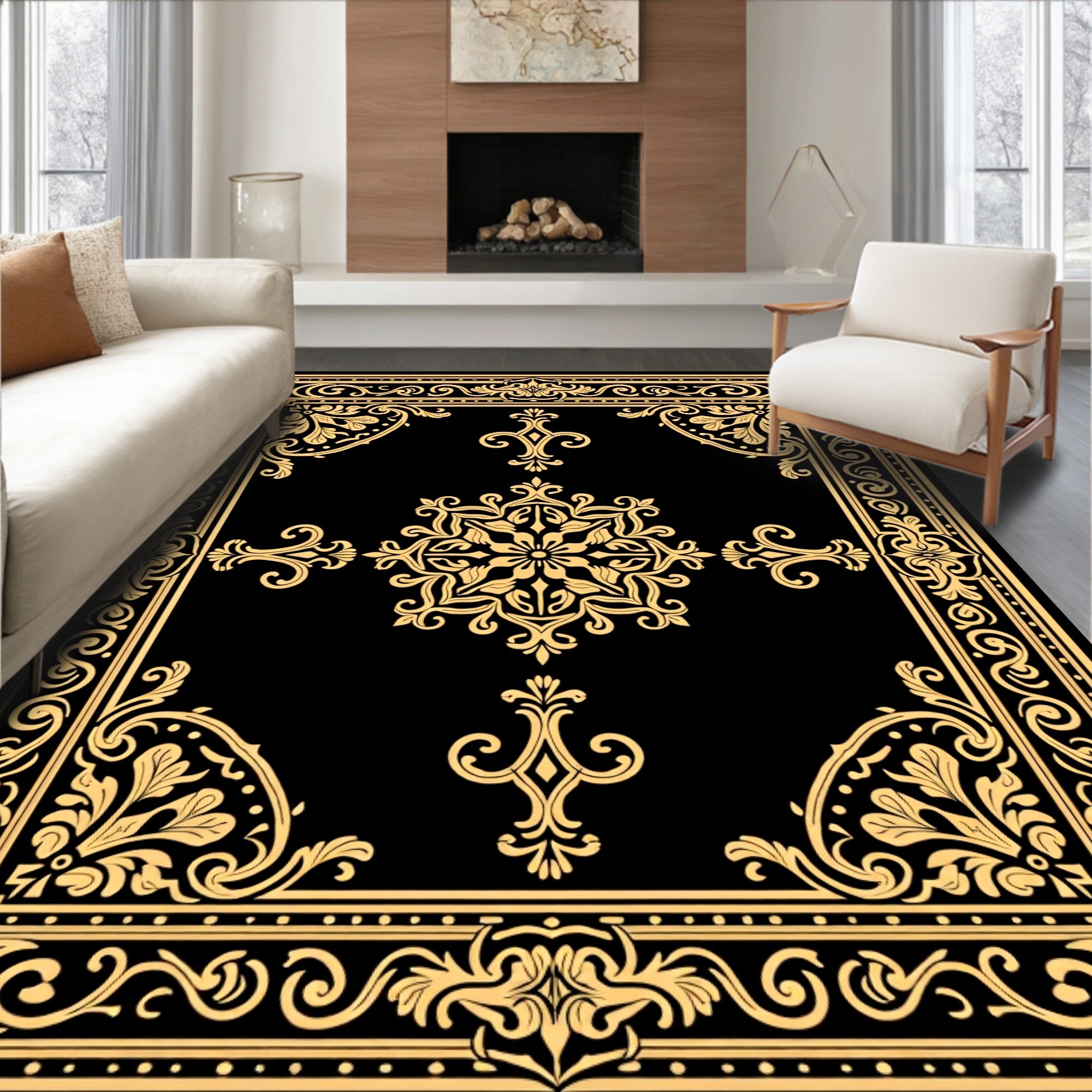Elegant Gold Floral Medallion Design Rug